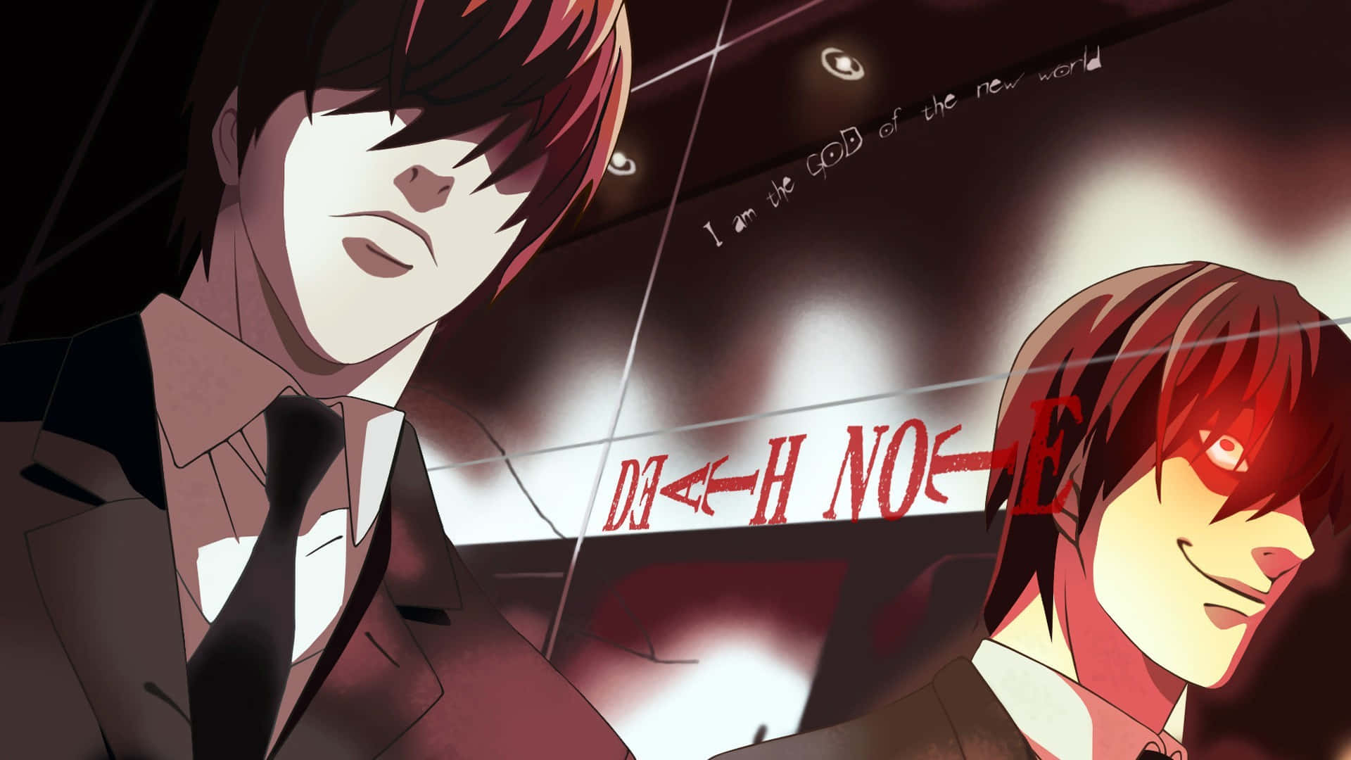 Light Yagami 桌布 壁紙 — 兩個穿著西裝的動漫角色在深紅色背景上，帶有發光文字和玻璃反射，凝視著對方。