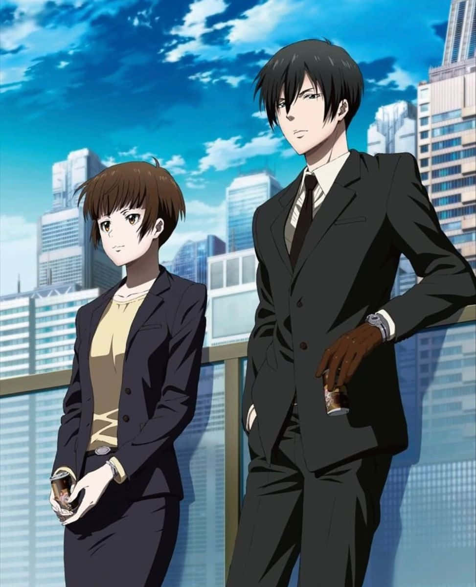 Akane Tsunemori 桌布 壁紙 — 兩個穿著西裝的動漫角色站在城市陽台上，背景是明亮的藍天、白雲和摩天大樓。