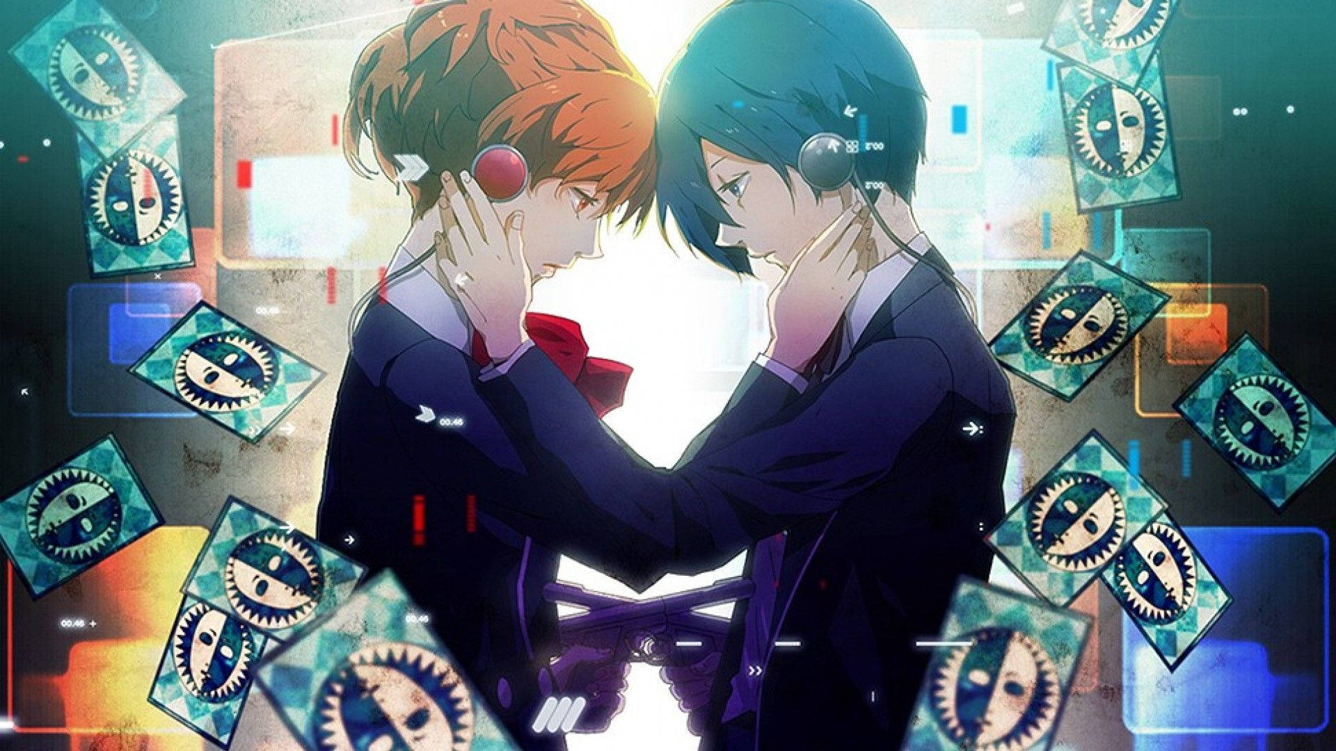 Persona 3 桌布 壁紙 — 兩個穿著西裝的動漫青少年在發光的數位背景和漂浮的齒輪面孔卡片中輕輕觸摸彼此的臉頰。