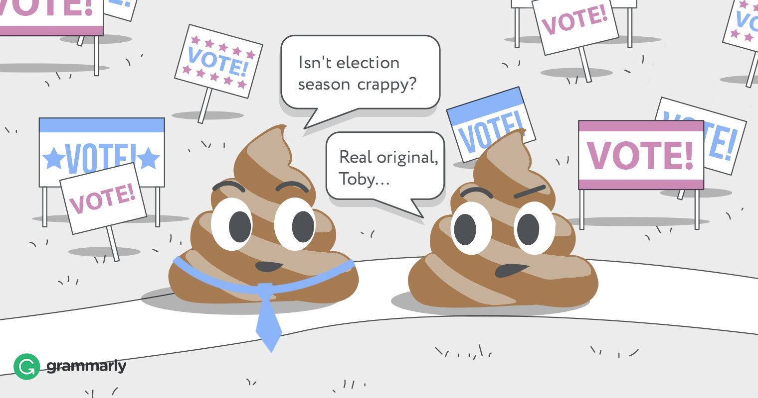 Cartoon 桌布 壁紙 — 兩個穿著西裝的卡通便便表情符號在諷刺插圖中，在「投票！」標誌中辯論選舉季節。