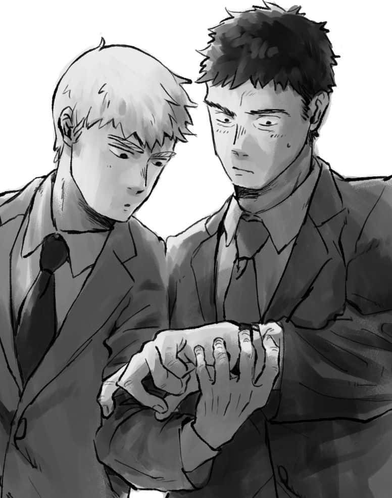 Arataka Reigen 桌布 壁紙 — 兩個穿著西裝的男人在黑白鮮明的動畫插圖中仔細檢查一隻手錶。