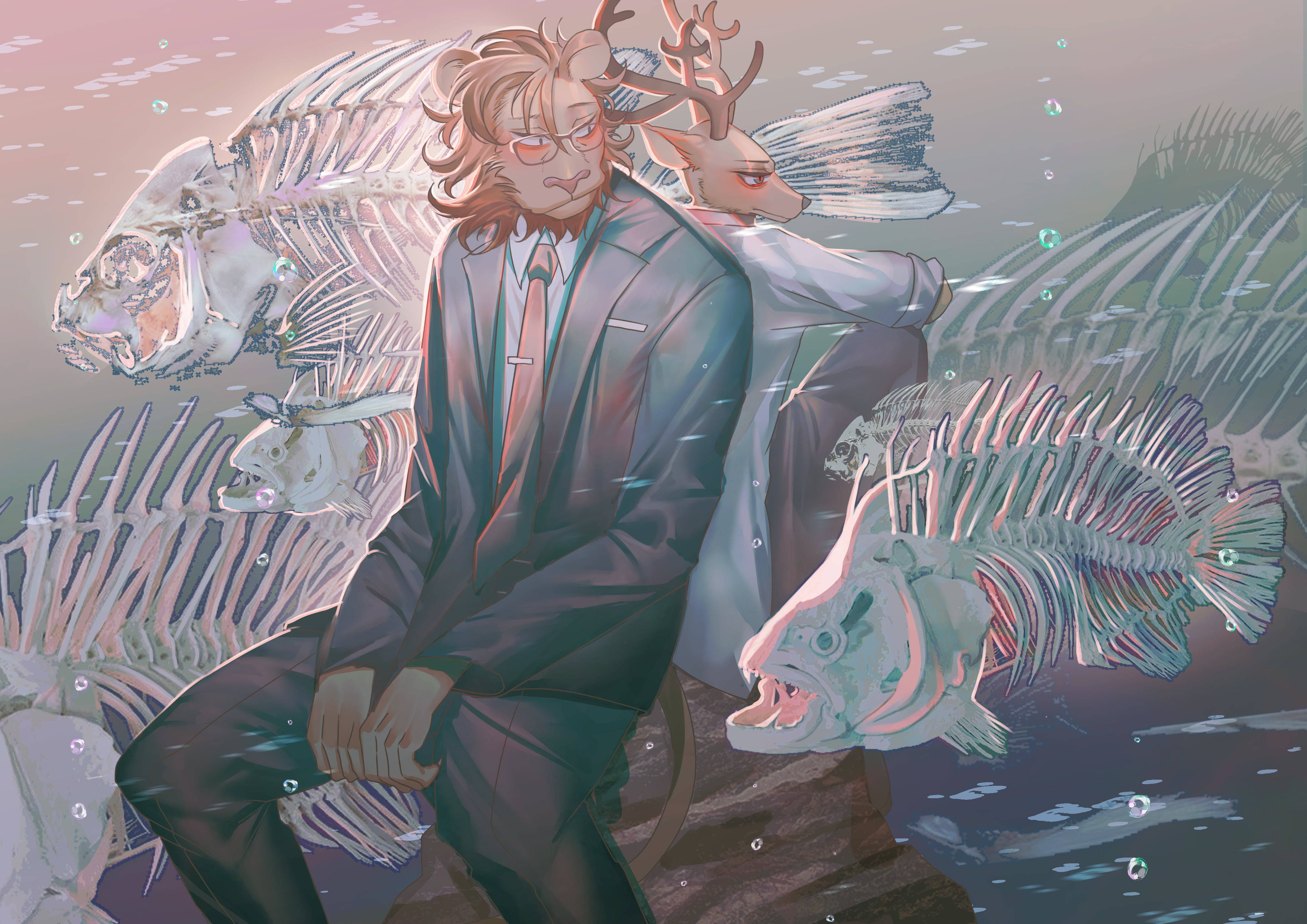 獸星 桌布 壁紙 — 兩個穿著西裝的鹿頭男人坐在水下巨型魚骨之間，構成超現實的動漫場景。