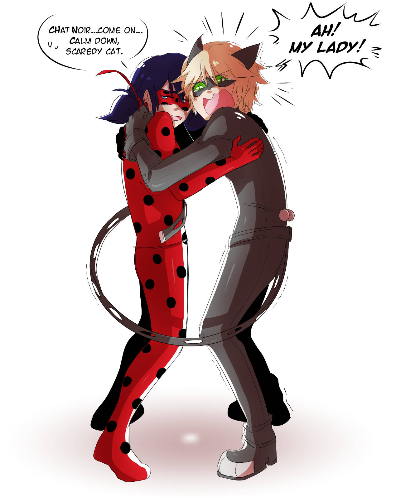 ladybug and cat noir kiss 桌布 壁紙 — 兩個穿著貓咪主題服裝的動漫角色熱情擁抱，並帶有顯示俏皮對話的對話氣泡。