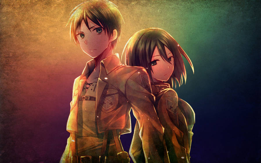 桌布 壁紙 — 兩個穿著軍服的動漫角色在漸變天空背景下，背對溫暖的金色光線站立。