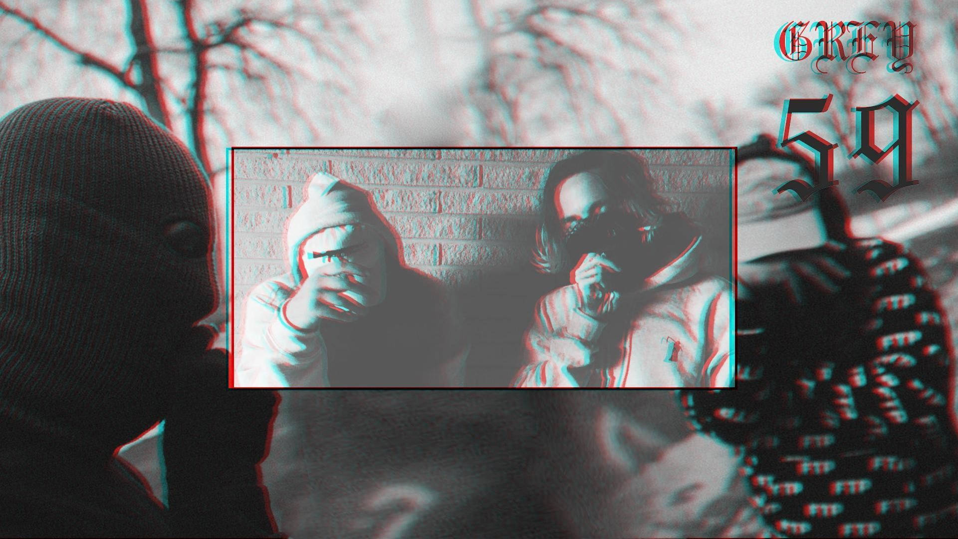 suicideboys 桌布 壁紙 — 兩個穿著連帽衫的人物靠著磚牆坐著，帶有故障風格的紅青色3D立體效果和「GREY 59」文字。