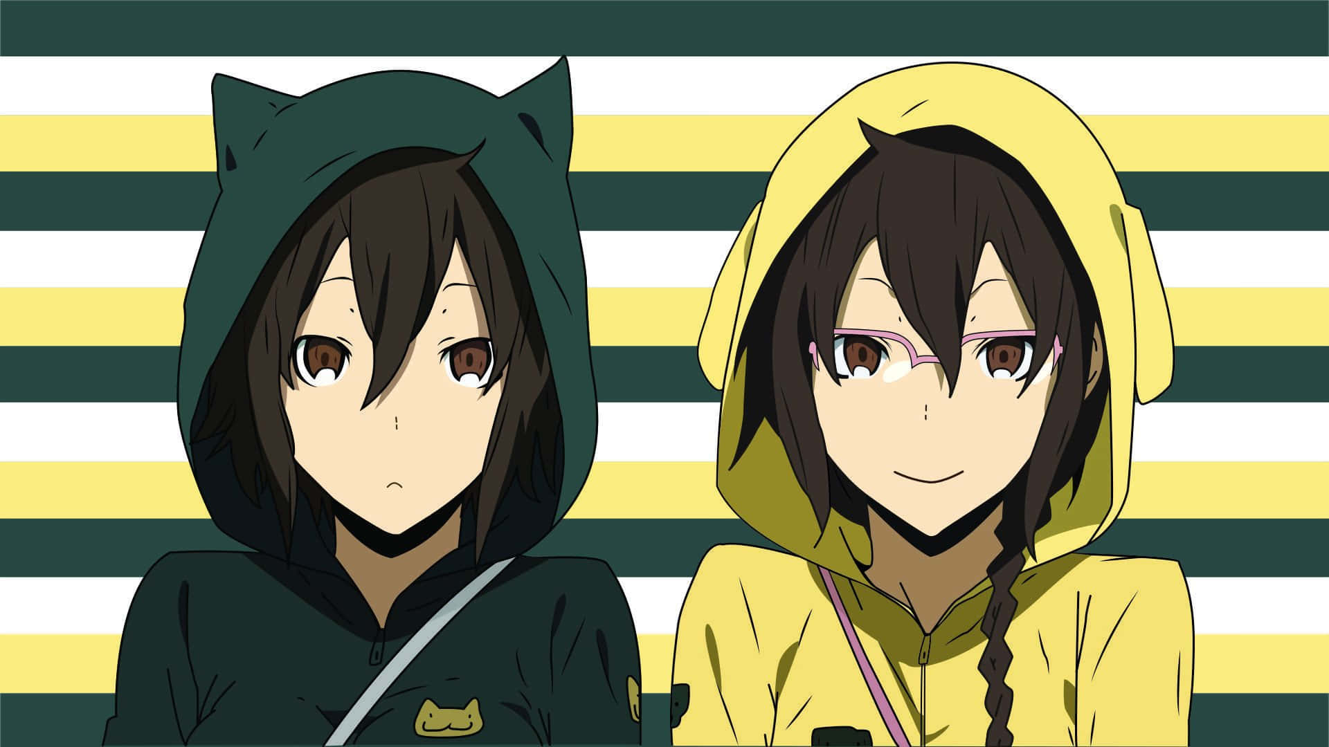 durarara 桌布 壁紙 — 兩個穿著連帽衫的動漫女孩並肩站在大膽的條紋背景前，一個有貓耳，另一個戴眼鏡和辮子。