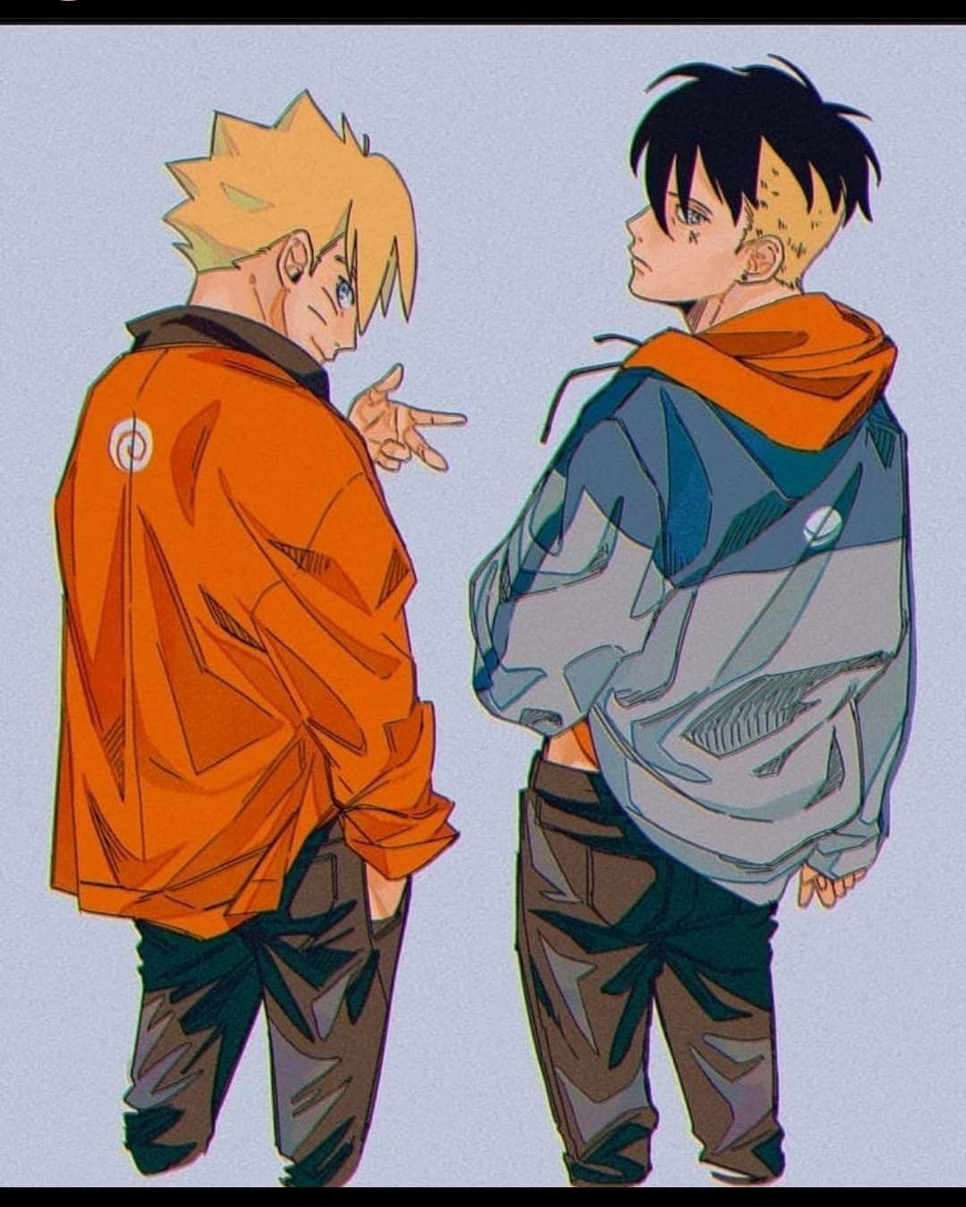 動漫男孩 桌布 壁紙 — 兩個穿著連帽衫的動漫男孩面對面，其中一個在純色背景上頑皮地指著對方。
