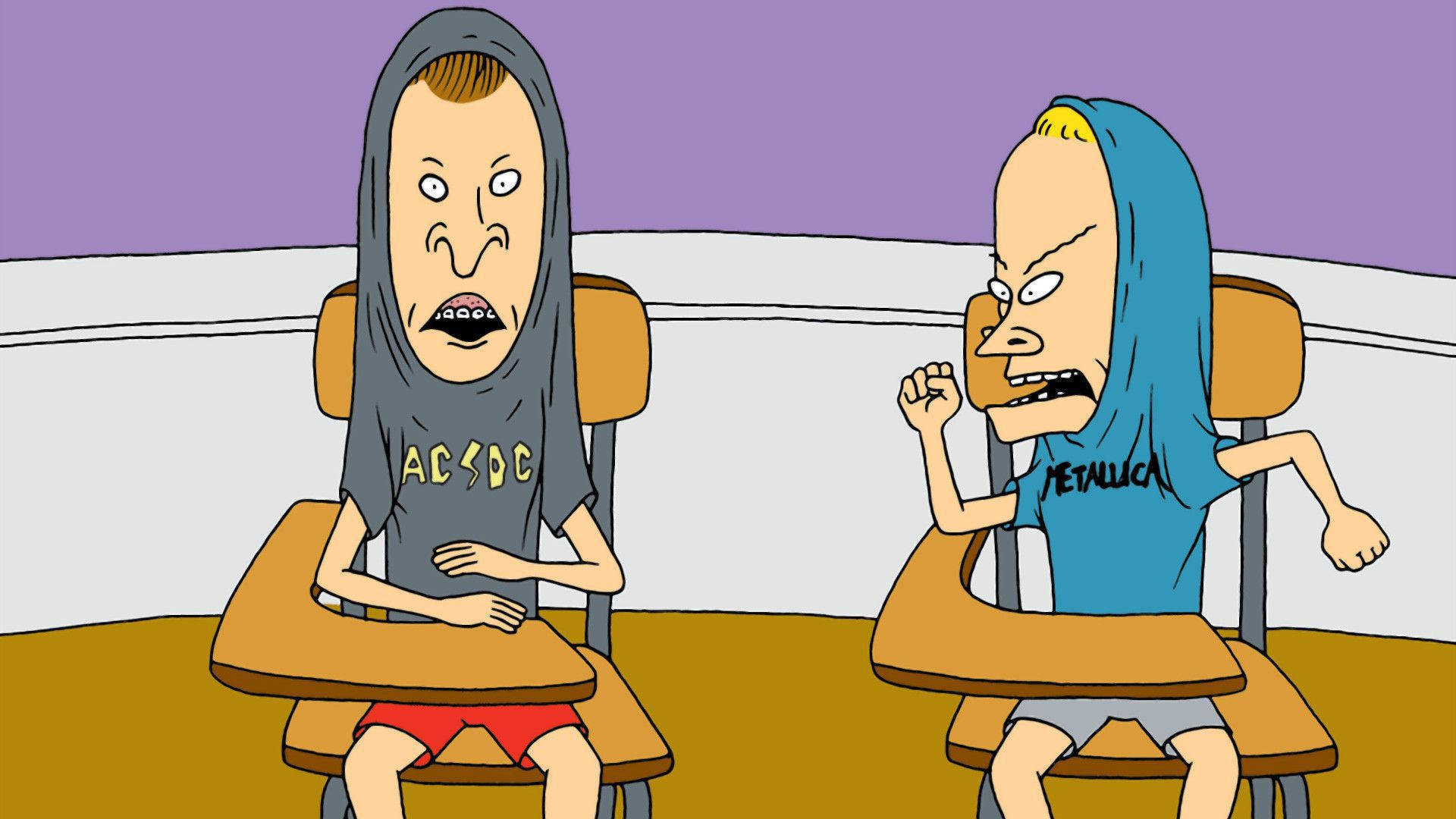 Beavis 桌布 壁紙 — 兩個穿著連帽衫的卡通人物坐在學校書桌前，帶著憤怒的表情激烈爭論。