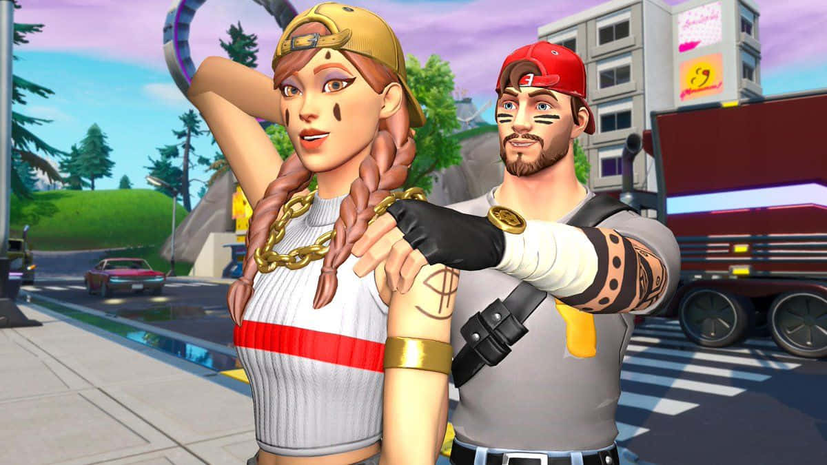 Fortnite 桌布 壁紙 — 兩個穿著都市街頭服的Fortnite角色在城市的行人路上自信地擺姿勢，身後有汽車和建築物。