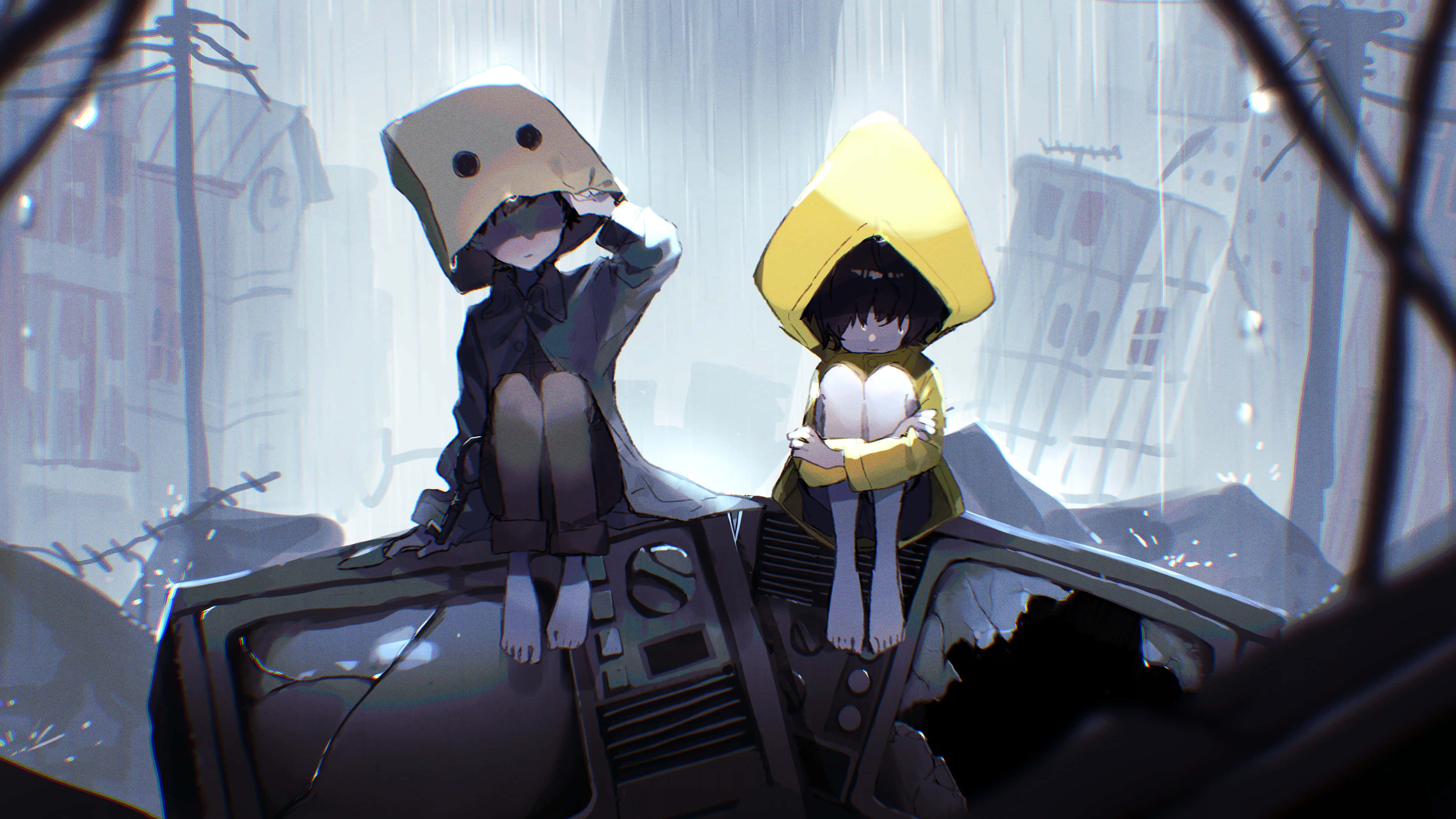 Little Nightmares 4K 桌布 壁紙 — 兩個穿著雨具的動畫小孩坐在一台破電視上，身處陰沉的城市廢墟中，天空正下著雨。