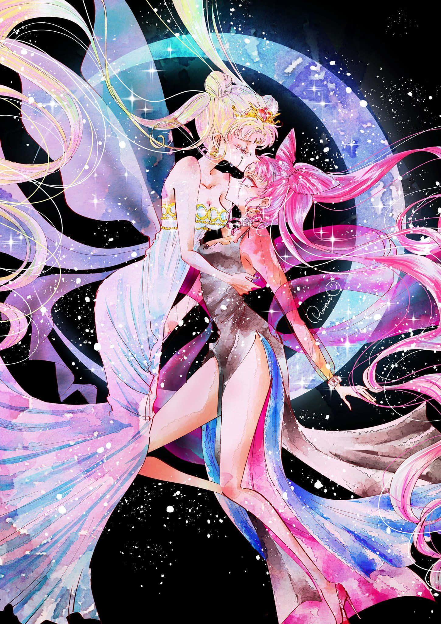 sailor moon crystal 桌布 壁紙 — 兩個穿著飄逸宇宙裙的動漫女孩在繁星點點的夜空下擁抱，周圍環繞著旋轉的粉彩絲帶。