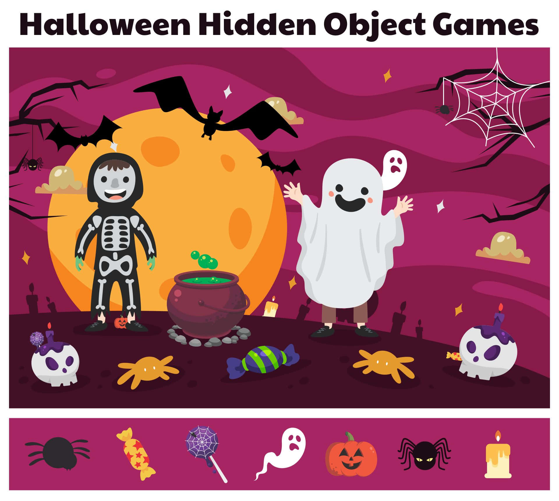 Halloween Puzzles 桌布 壁紙 — 兩個穿著骷髏和鬼魂服裝的快樂卡通小孩站在一個冒泡的大鍋前，在一個巨大的橙色月亮下，周圍環繞著萬聖節美食和恐怖裝飾。