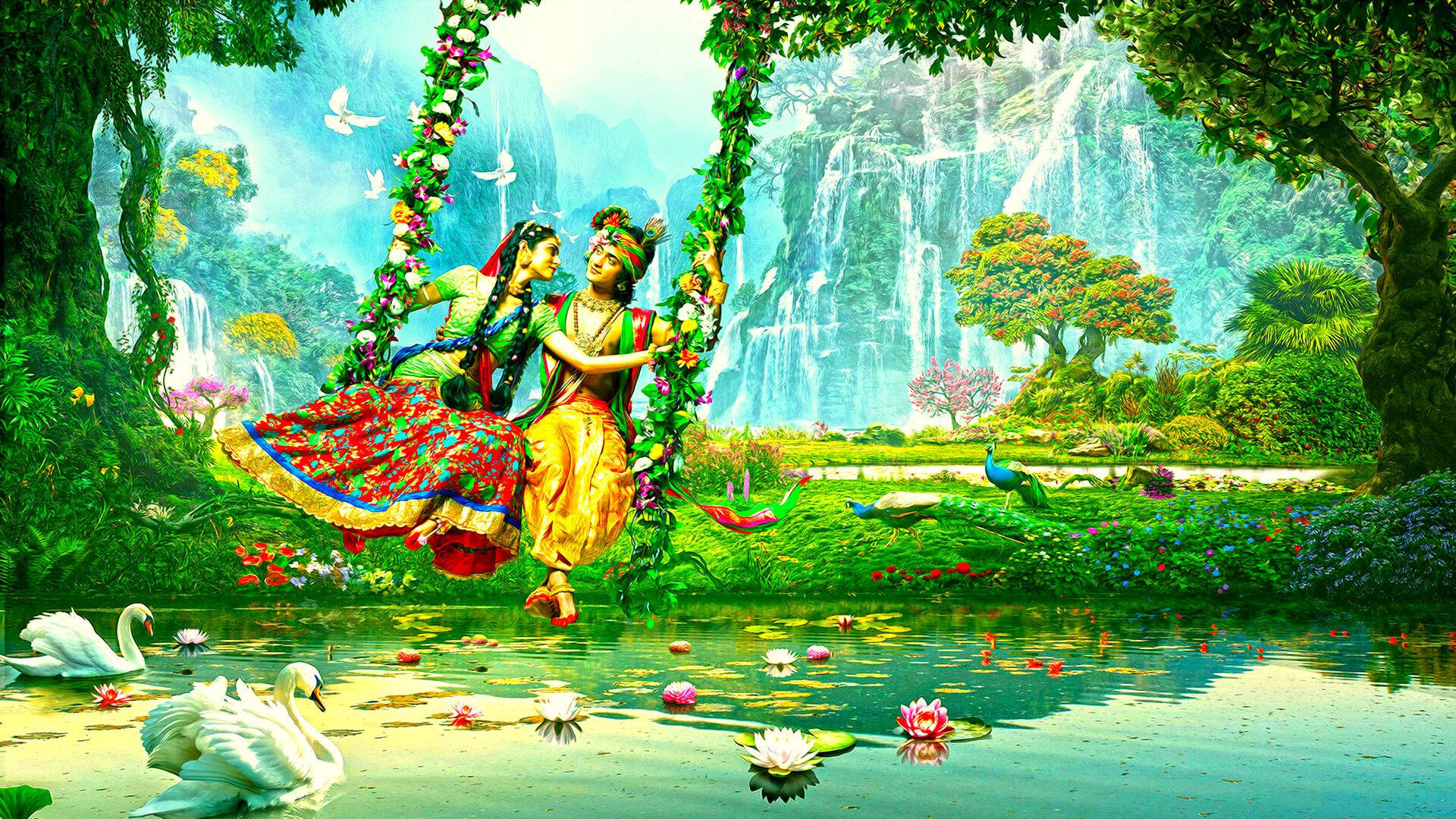 radha krishna serial 桌布 壁紙 — 兩個穿著鮮豔傳統服飾的人物在瀑布下的寧靜池塘上共享一個花卉鞦韆，池塘中有天鵝和睡蓮。