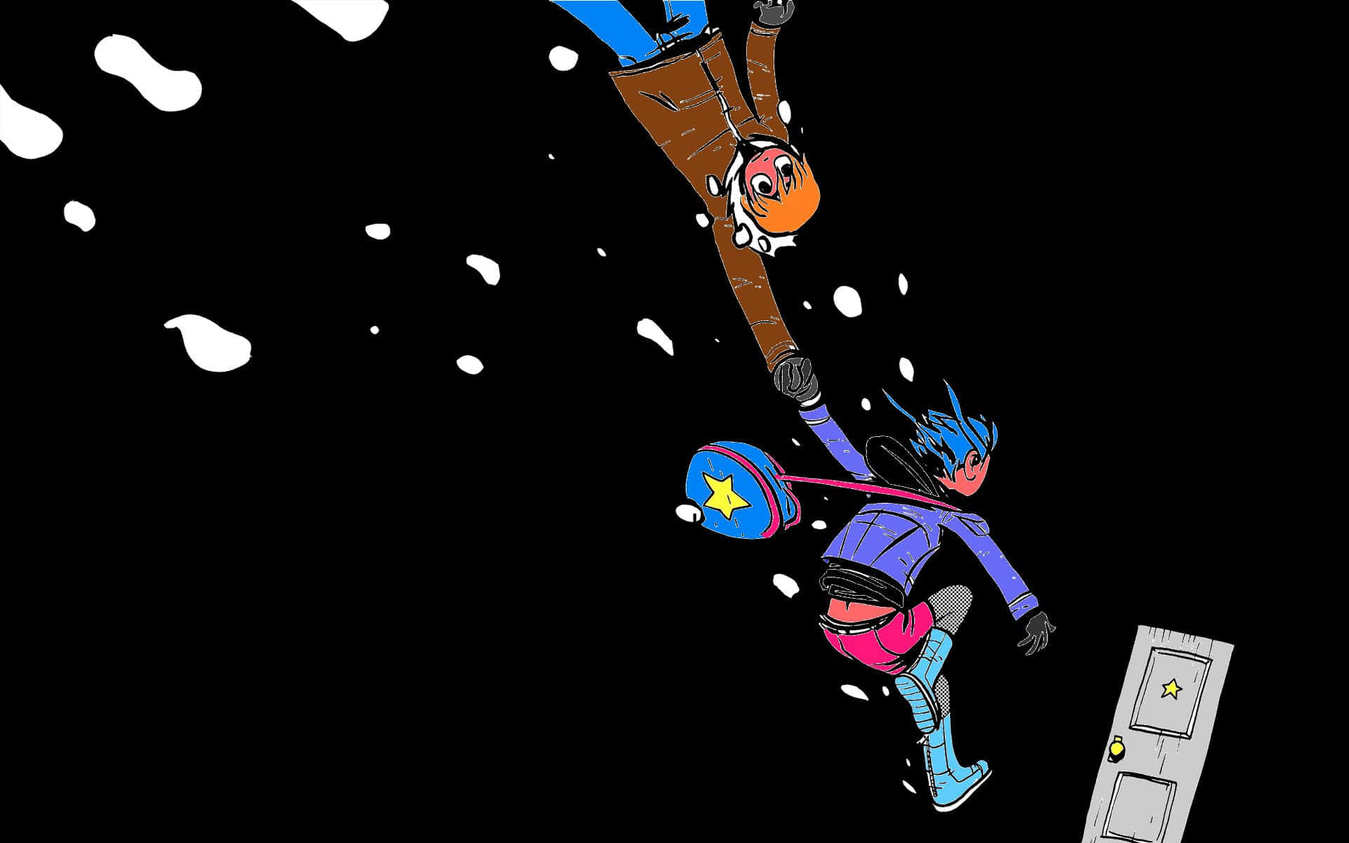 scott pilgrim 桌布 壁紙 — 兩個穿著鮮豔服裝的卡通角色在黑色空間中墜落，白色雪花在他們周圍旋轉。