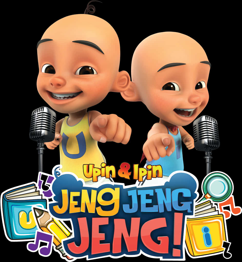 Upin Ipin 桌布 壁紙 — 兩個穿著黃色和藍色背心的快樂卡通嬰兒，在黑色背景前用復古麥克風指向前方。