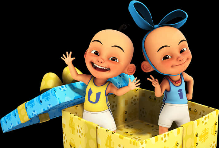 Upin Ipin 桌布 壁紙 — 兩個穿著黃色和藍色衣服的快樂卡通嬰兒在裝飾過的紙箱內開心地揮手。