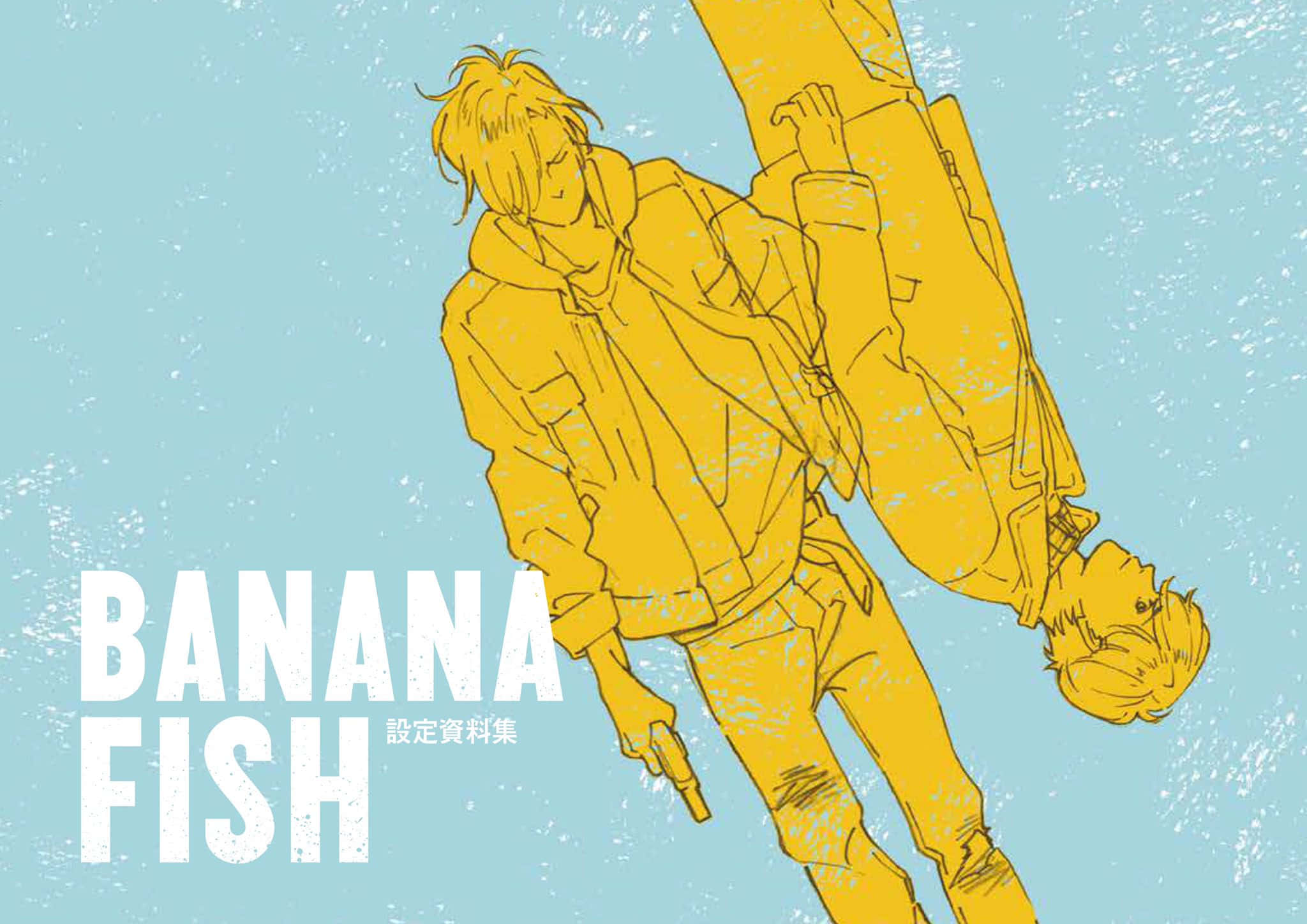 Banana Fish 桌布 壁紙 — 兩個穿著黃色服裝的動漫角色以動態姿勢描繪在帶紋理的淺藍色背景上，並配有粗體白色文字。