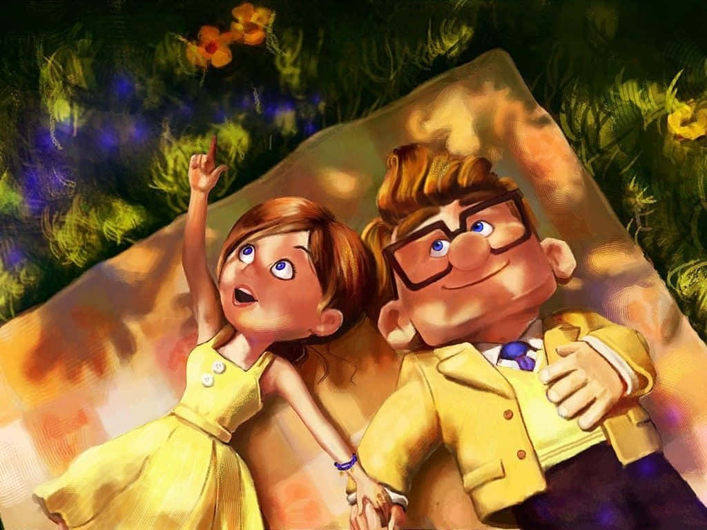 Animated 桌布 壁紙 — 兩個穿著黃色服裝的動畫角色躺在草地上的枕頭上，指著發光的花朵。
