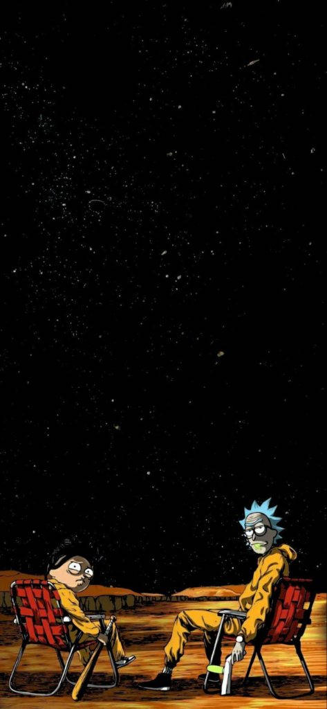 rick 桌布 壁紙 — 兩個穿著黃色連身衣的動畫角色坐在紅色露營椅上，在荒蕪星球上的星空下。