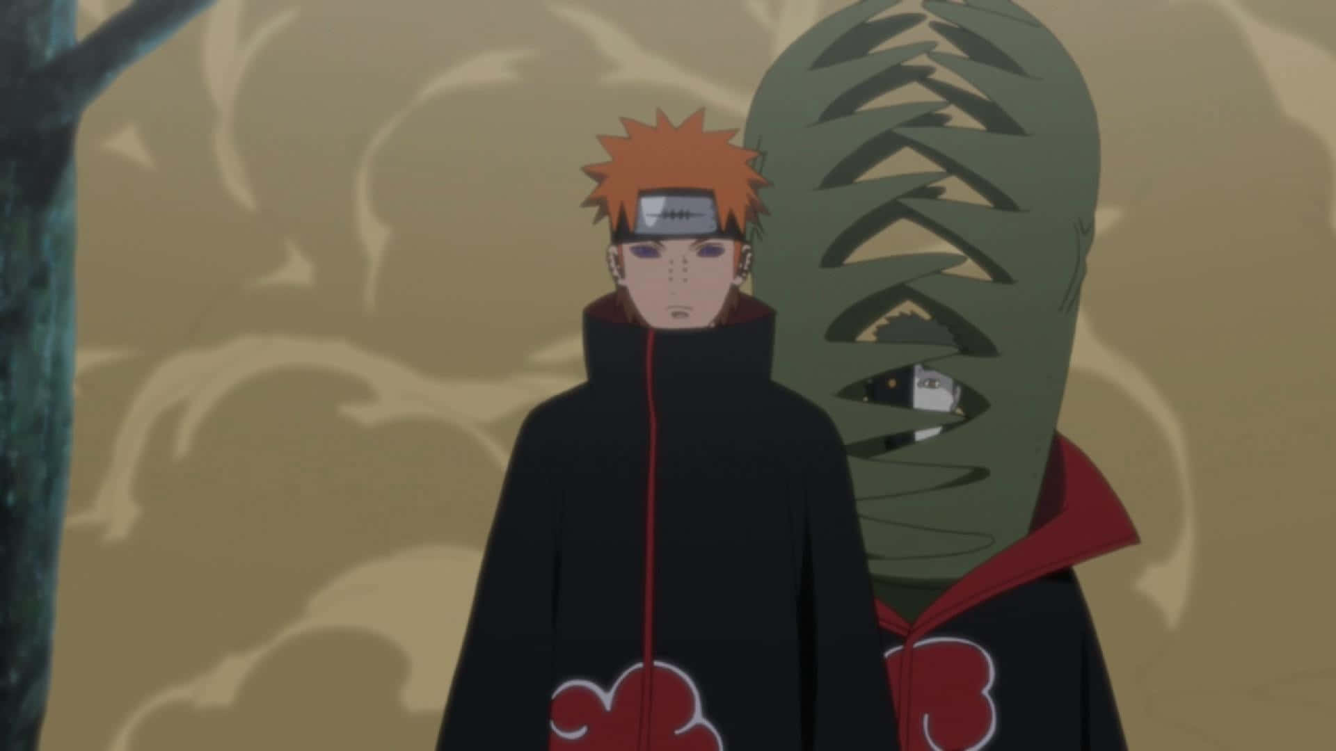Black Zetsu 桌布 壁紙 — 兩個穿著黑色曉組織斗篷的動漫角色並肩站立，背景是旋轉的米色。