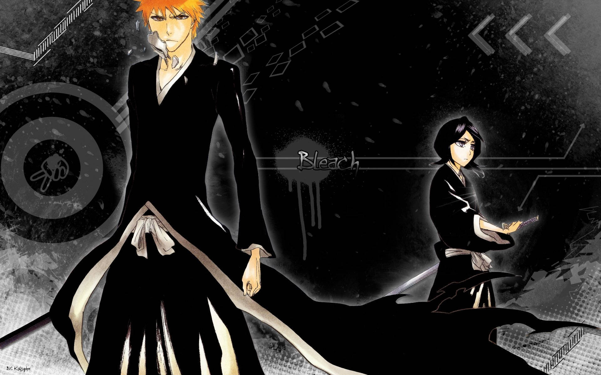 Ichigo Kurosaki 桌布 壁紙 — 兩個穿著黑色神道教長袍的動漫角色，站在一個帶有發光電路圖案和「Bleach」字樣的黑暗粗糙背景前。