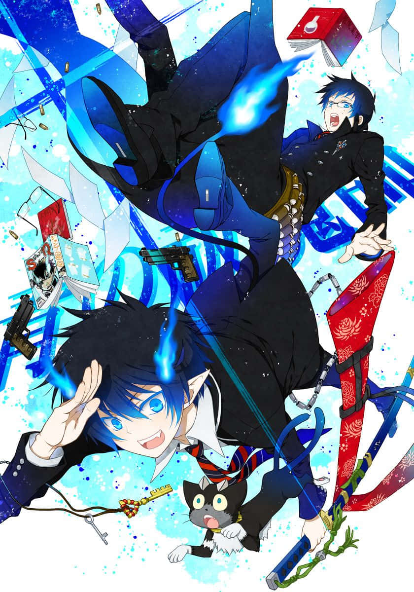 青之驅魔師 桌布 壁紙 — 兩個穿著黑色西裝的動漫男孩在藍色能量火花和漂浮的書籍和槍支中動態跳躍。
