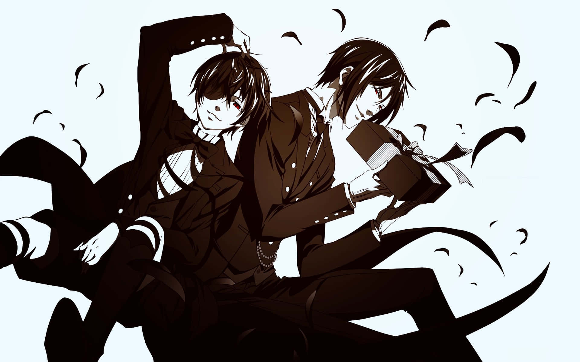 Black Butler 桌布 壁紙 — 兩個穿著黑色西裝的動畫男孩坐在一起，其中一個拿著禮物盒，黑色羽毛狀的形狀在他們周圍旋轉。