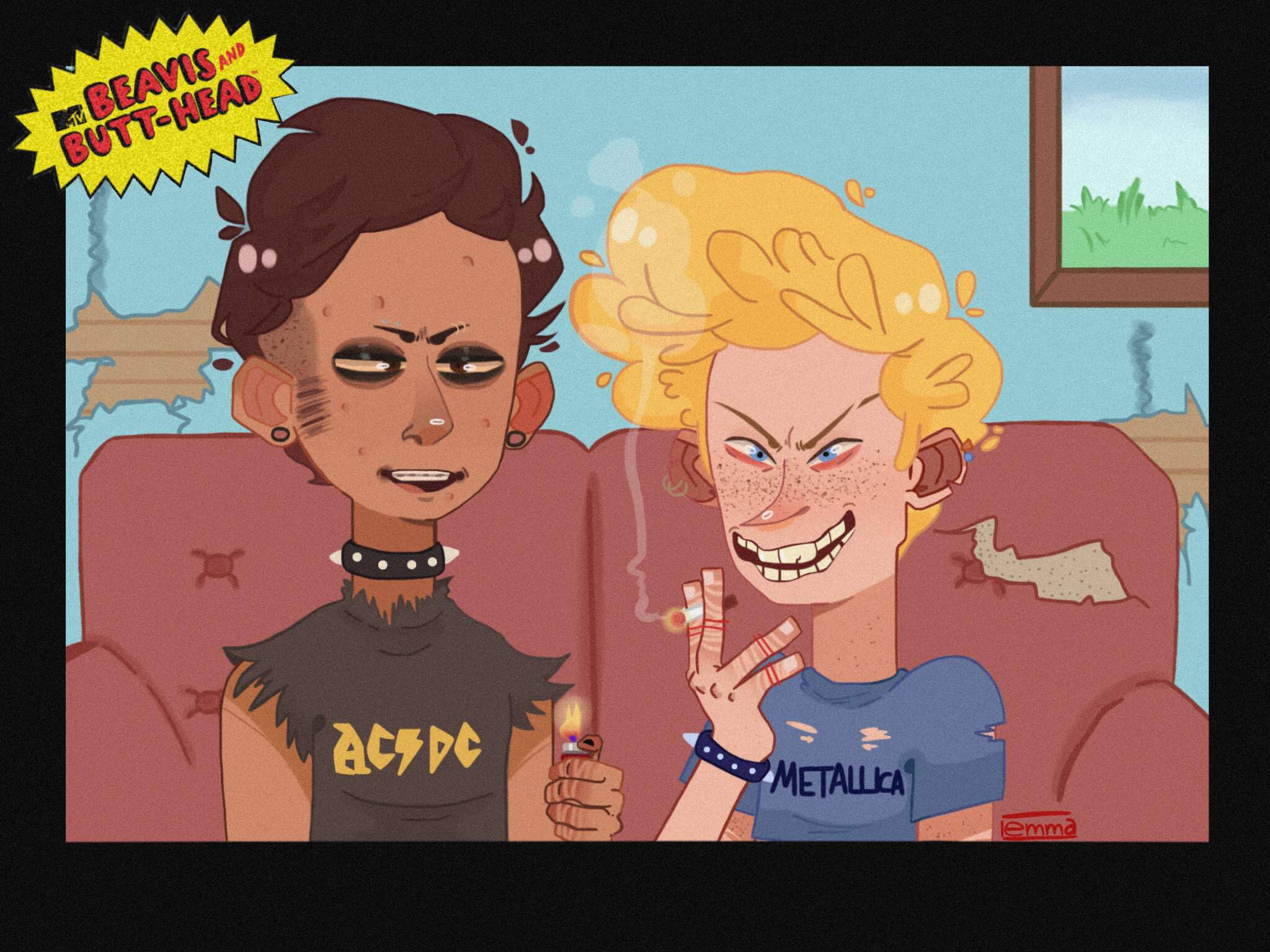 Beavis 桌布 壁紙 — 兩個穿著龐克搖滾襯衫的卡通青少年坐在破舊的沙發上，在凌亂的房間裡抽煙。