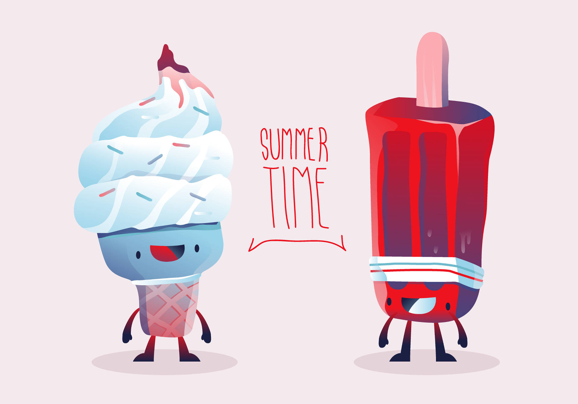 兩個笑臉的卡通冰淇淋和冰棒角色，帶有「SUMMER TIME」文字。