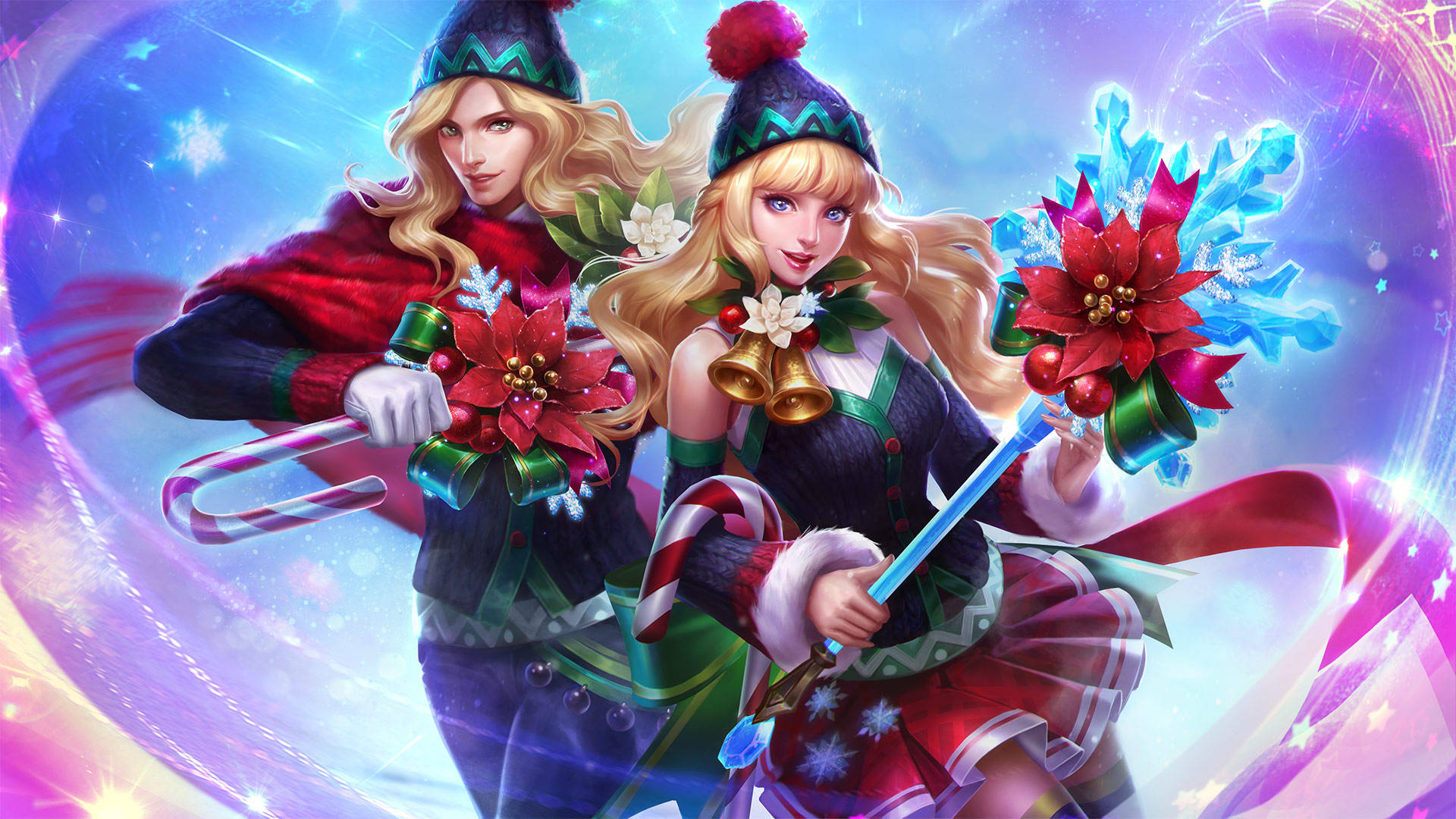 heroes 桌布 壁紙 — 兩個節日動漫女孩戴著冬帽和節日服裝，手持拐杖糖和聖誕紅，背景是閃爍的宇宙。