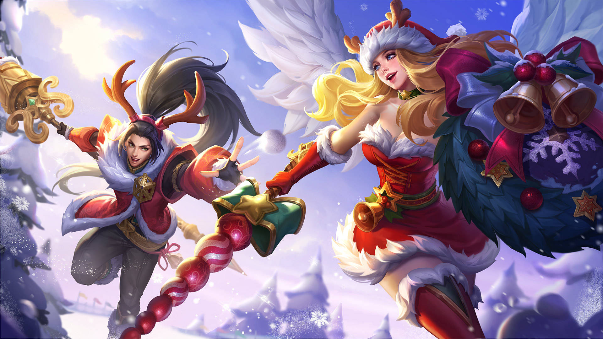 heroes 桌布 壁紙 — 兩個節日動漫角色穿著冬季服裝，在雪樹和飄落的雪花中歡快地跳舞。