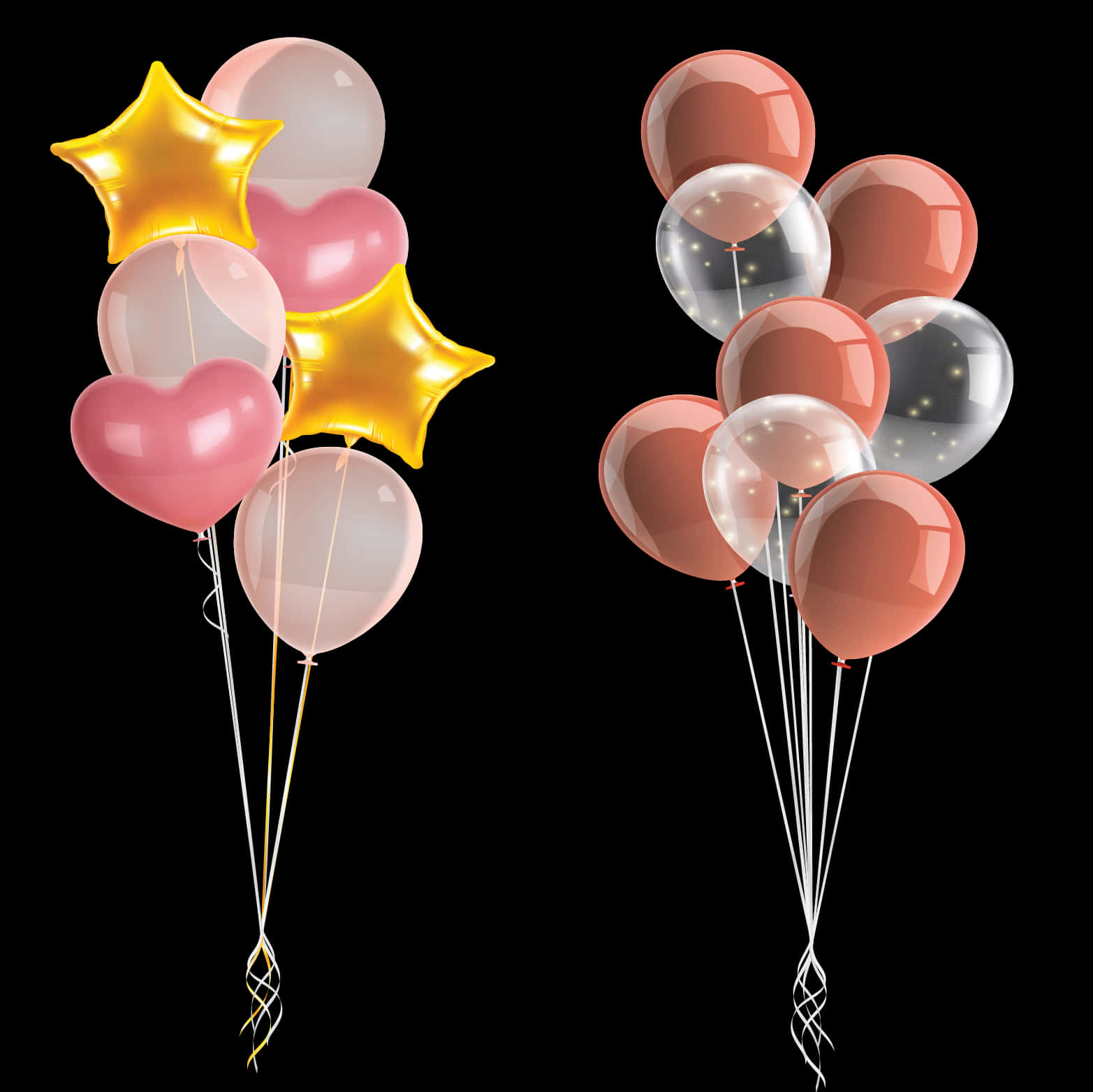 Balloon 桌布 壁紙 — 兩個節日氣球花束，帶有粉紅色心形、金色星星和透明氣球，內含亮粉，在黑色背景上飄浮。