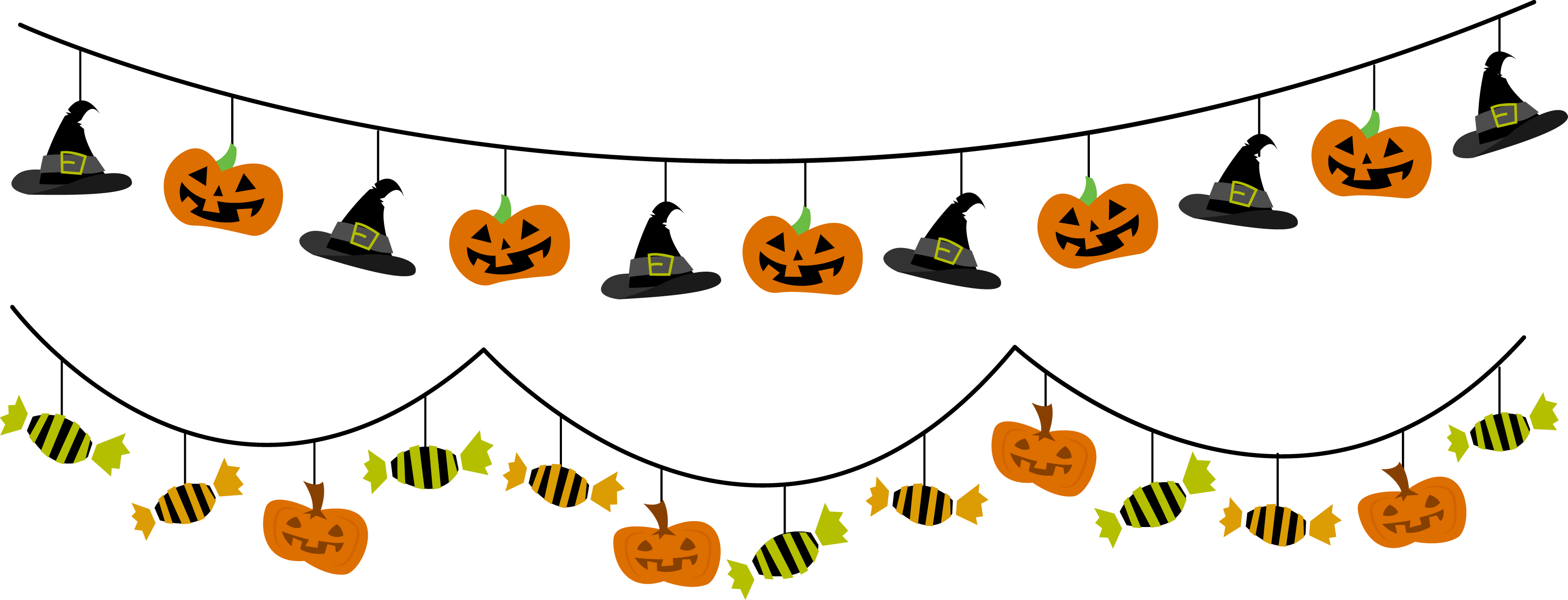 Halloween 桌布 壁紙 — 兩個節日萬聖節花環，帶有微笑的南瓜燈、巫師帽和糖果，掛在黑色繩子上，背景為白色。