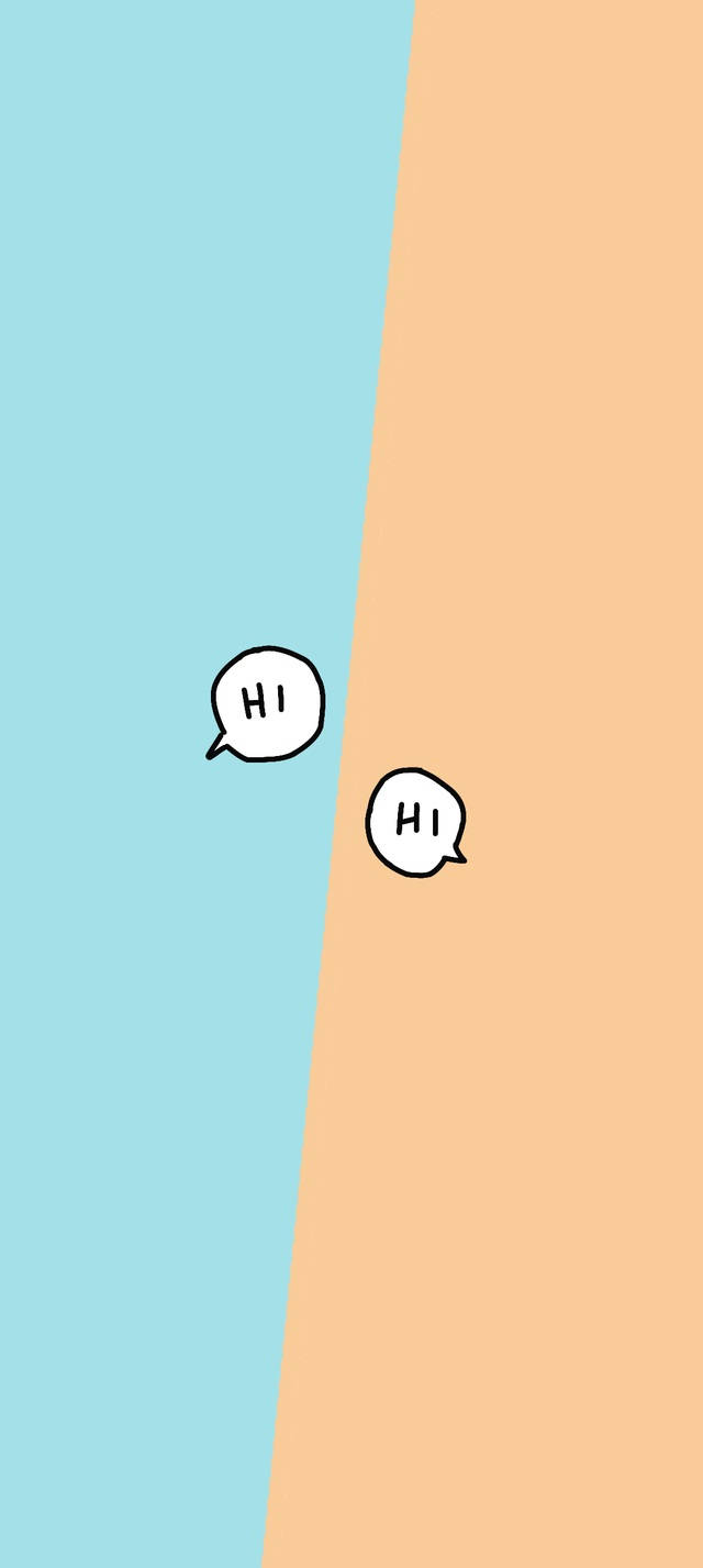 Hi 桌布 壁紙 — 兩個簡單的對話氣泡，上面寫著「HI」，漂浮在藍色和桃色分割的背景之間。