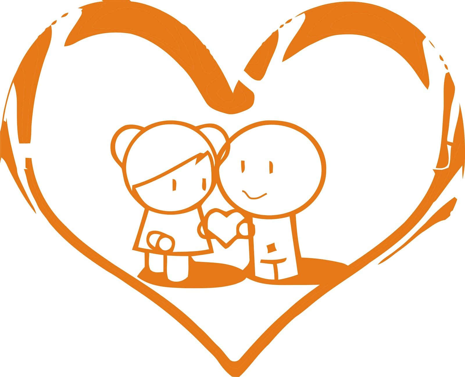 Cute Orange 桌布 壁紙 — 兩個簡單的橙色輪廓人物在白色背景上，在一個大心形內抱著一顆心。