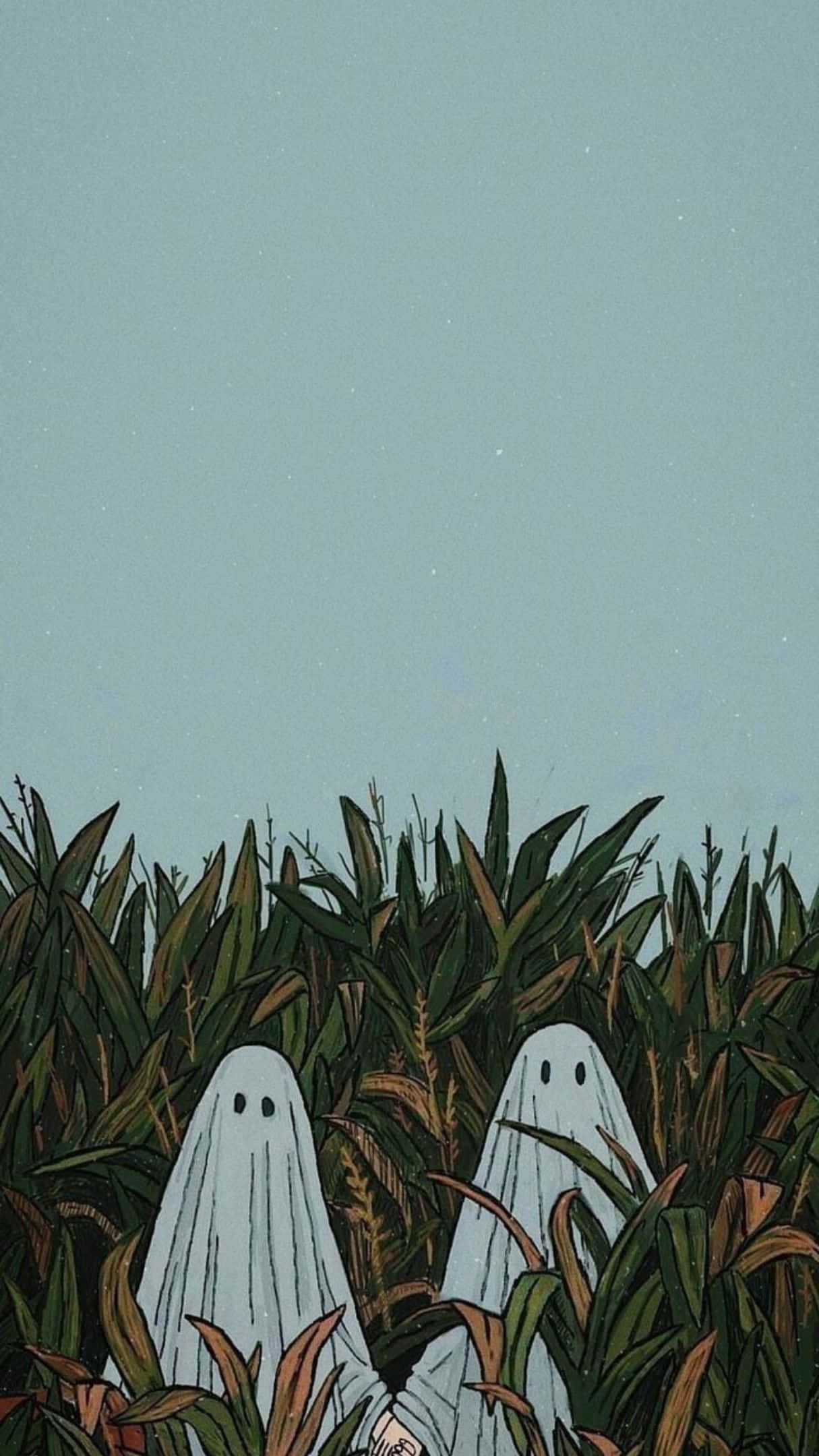 1215x2160 桌布 壁紙 — 兩個簡單的白色幽靈從高大的深綠色玉米稈中探出頭來，背景是淡藍色的夜空。