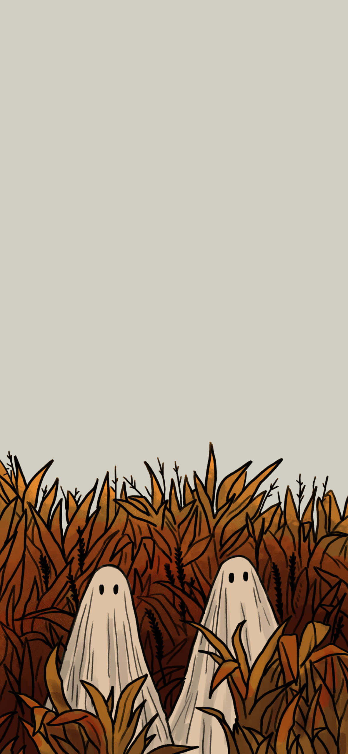 Aesthetic Halloween 桌布 壁紙 — 兩個簡單的白色幽靈從高大的秋季玉米稈後面窺視，在蒼白的天空下。