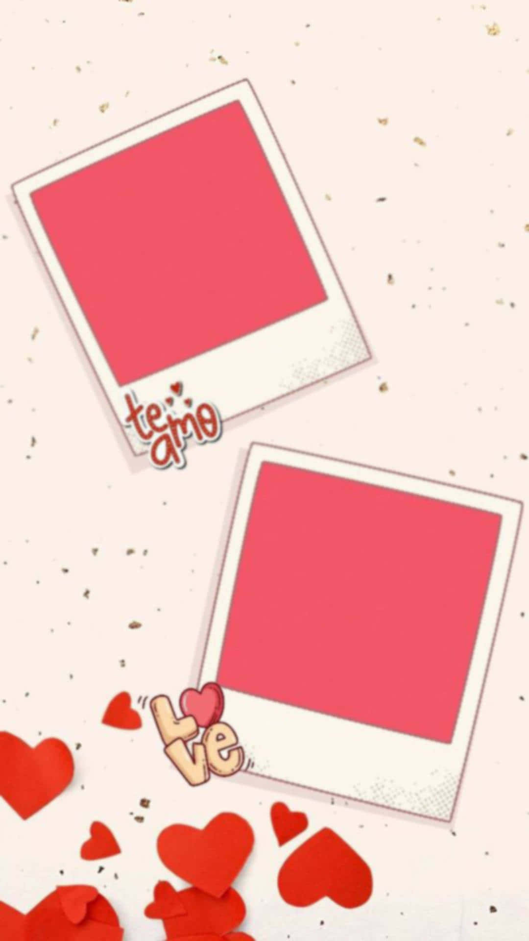 美學 桌布 壁紙 — 兩個粉紅色拍立得相框，上面有「te amo」和「te」文字，漂浮在散落的紅色心形圖案上，背景是帶有斑點的腮紅色。