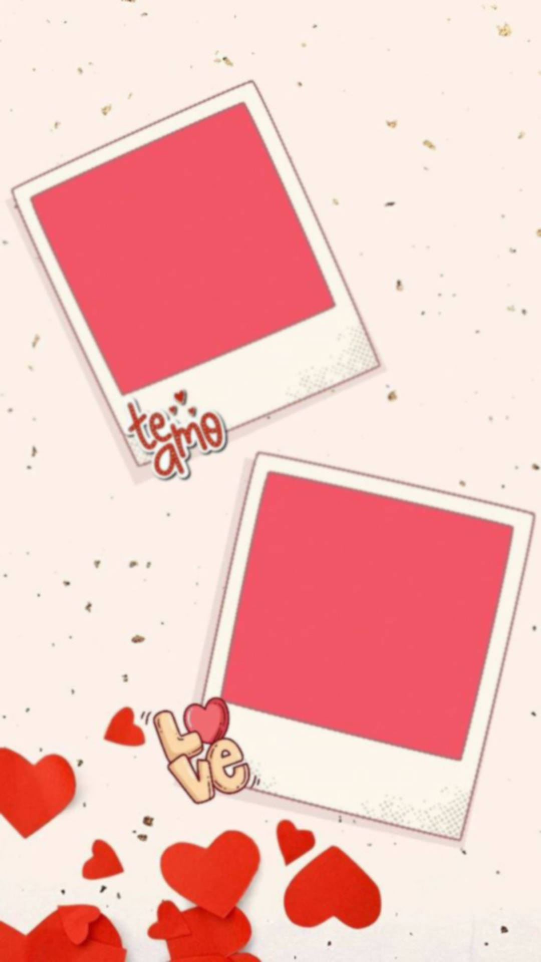 情人節 桌布 壁紙 — 兩個粉紅色拍立得相框，上面有「te amo」和「te」文字，漂浮在散落的紅色紙心上，背景是帶有斑點的淡粉紅色。