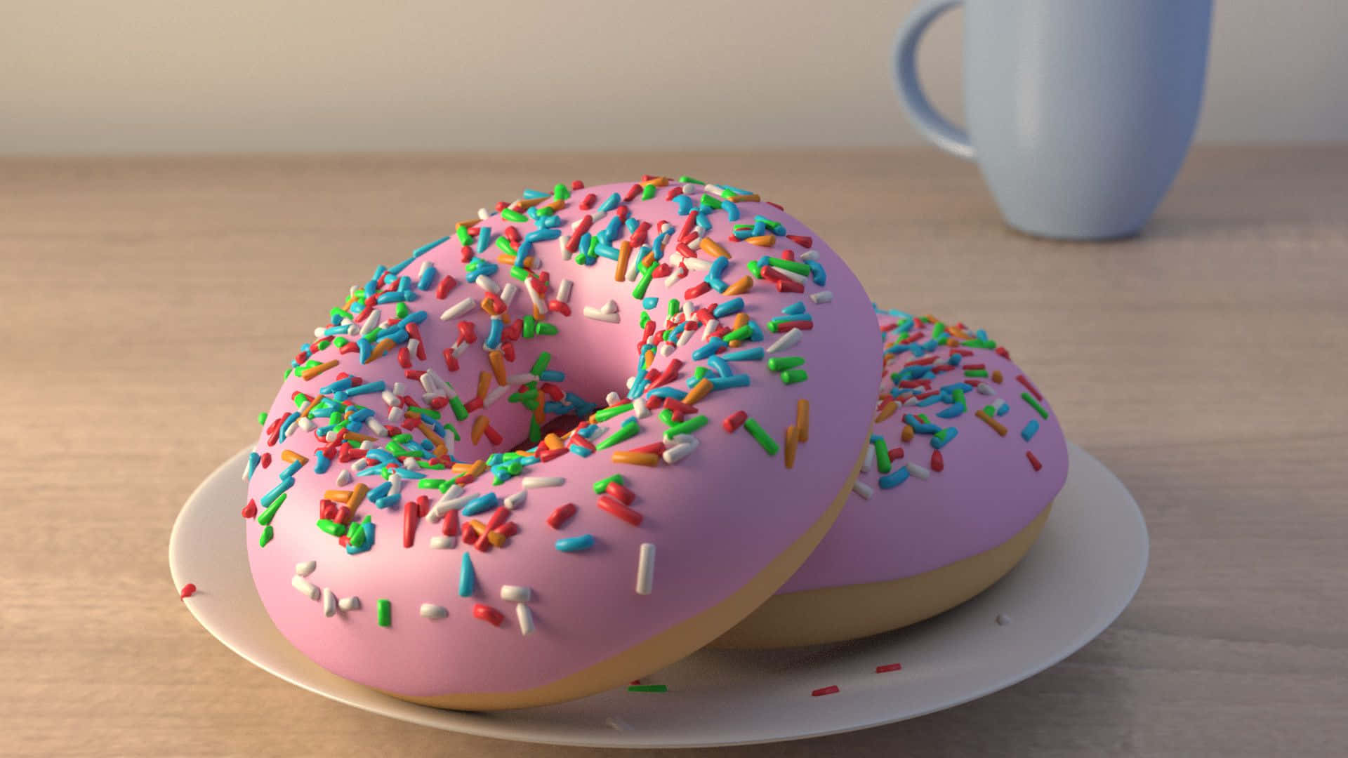 donuts 桌布 壁紙 — 兩個粉紅色糖霜甜甜圈，上面有彩色糖針，放在白色盤子上，旁邊有一個藍色馬克杯，置於木桌上。