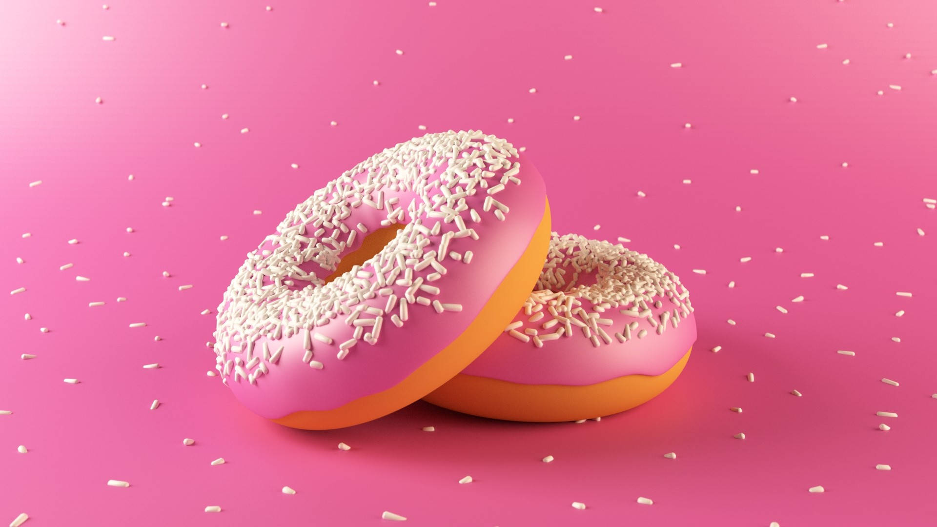 Donut 桌布 壁紙 — 兩個粉紅色糖霜甜甜圈，上面有白色糖針，放在一個散落著糖針的鮮豔粉紅色表面上。
