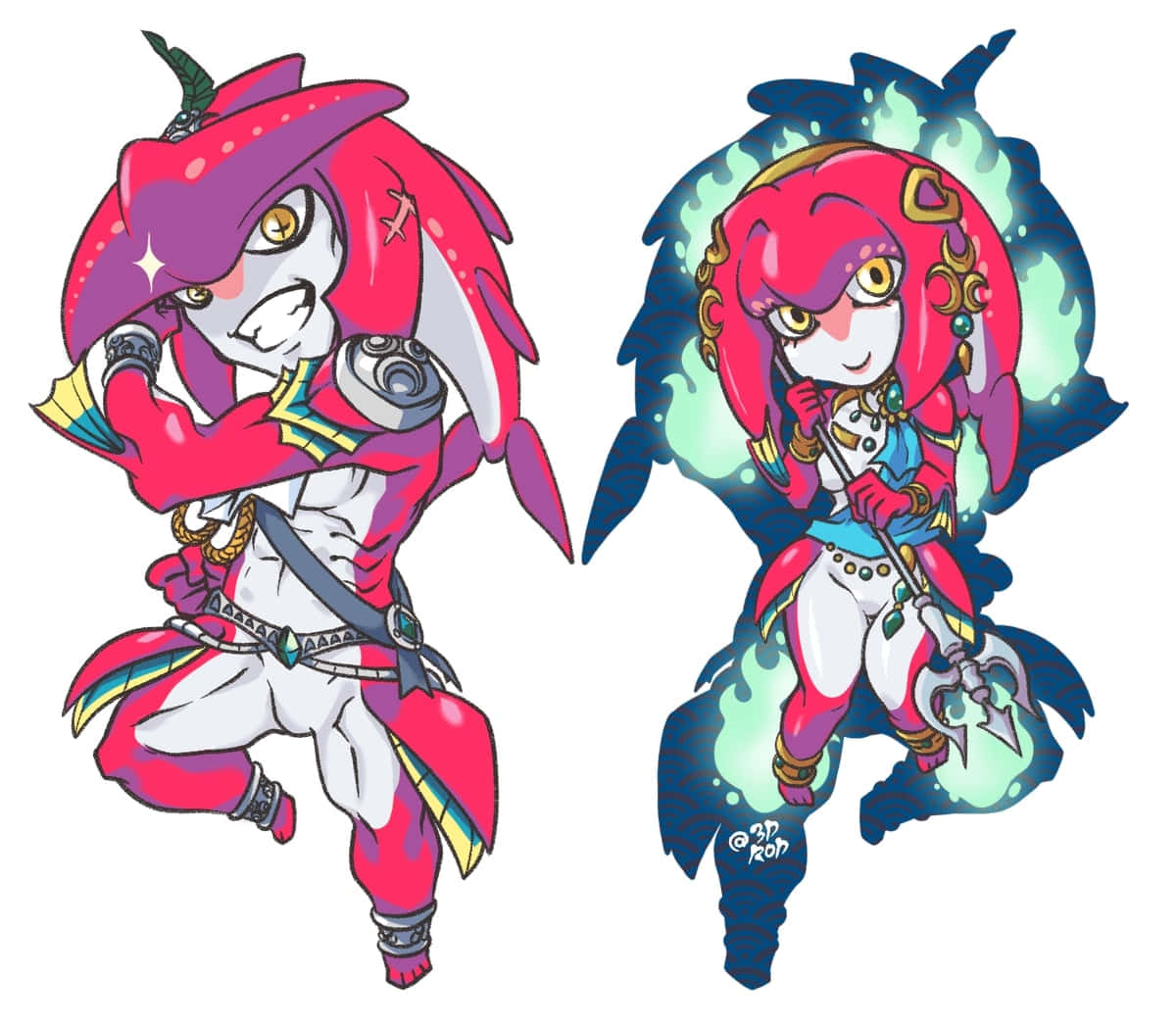 The Legend Of Zelda Mipha 桌布 壁紙 — 兩個粉紅色頭髮、帶有發光效果的Q版動漫角色在白色背景前動態擺姿勢。