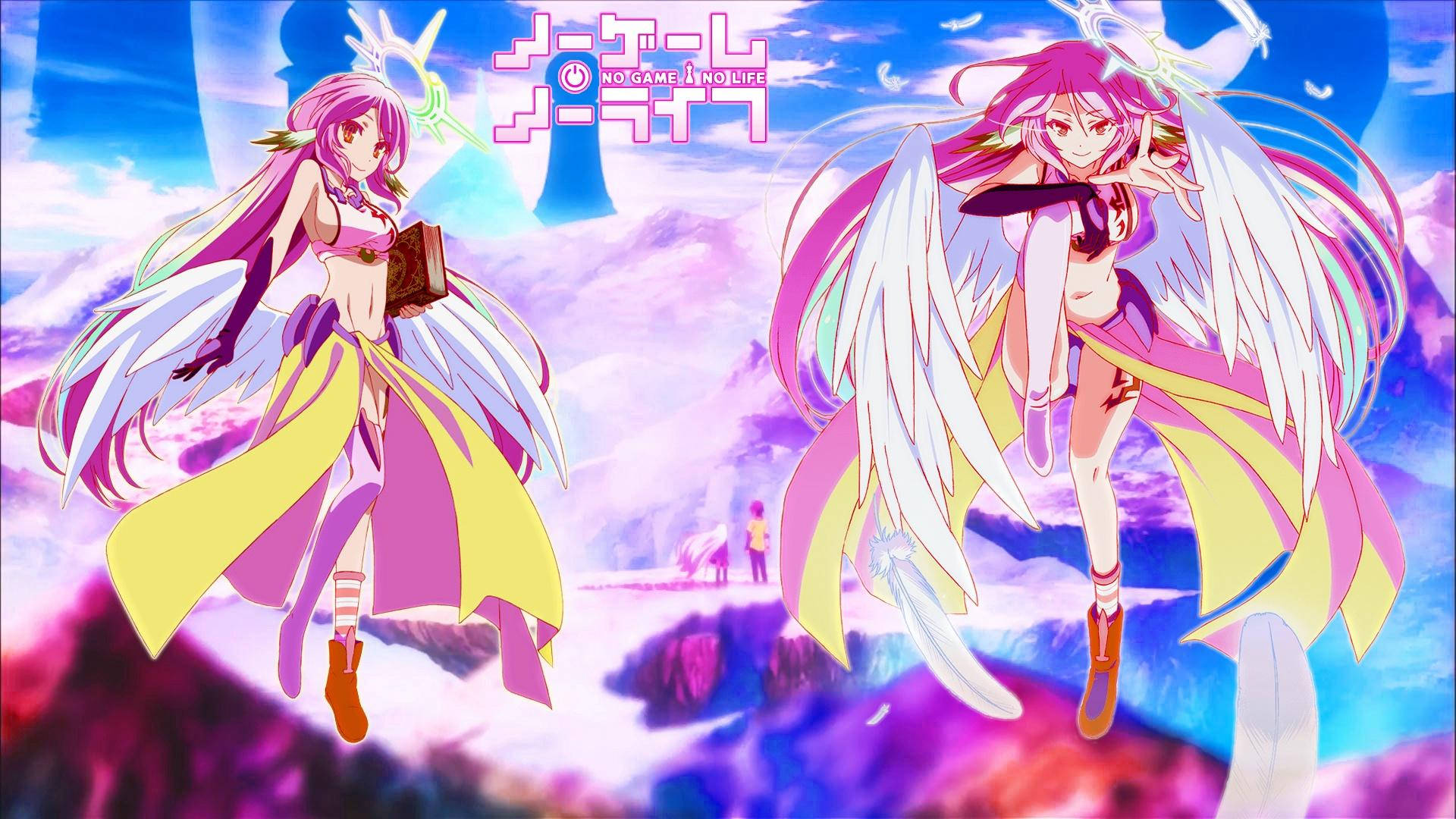 game 桌布 壁紙 — 兩個粉紅色頭髮、白色翅膀的動漫女孩漂浮在浮島上方充滿活力的紫色和藍色天空中。