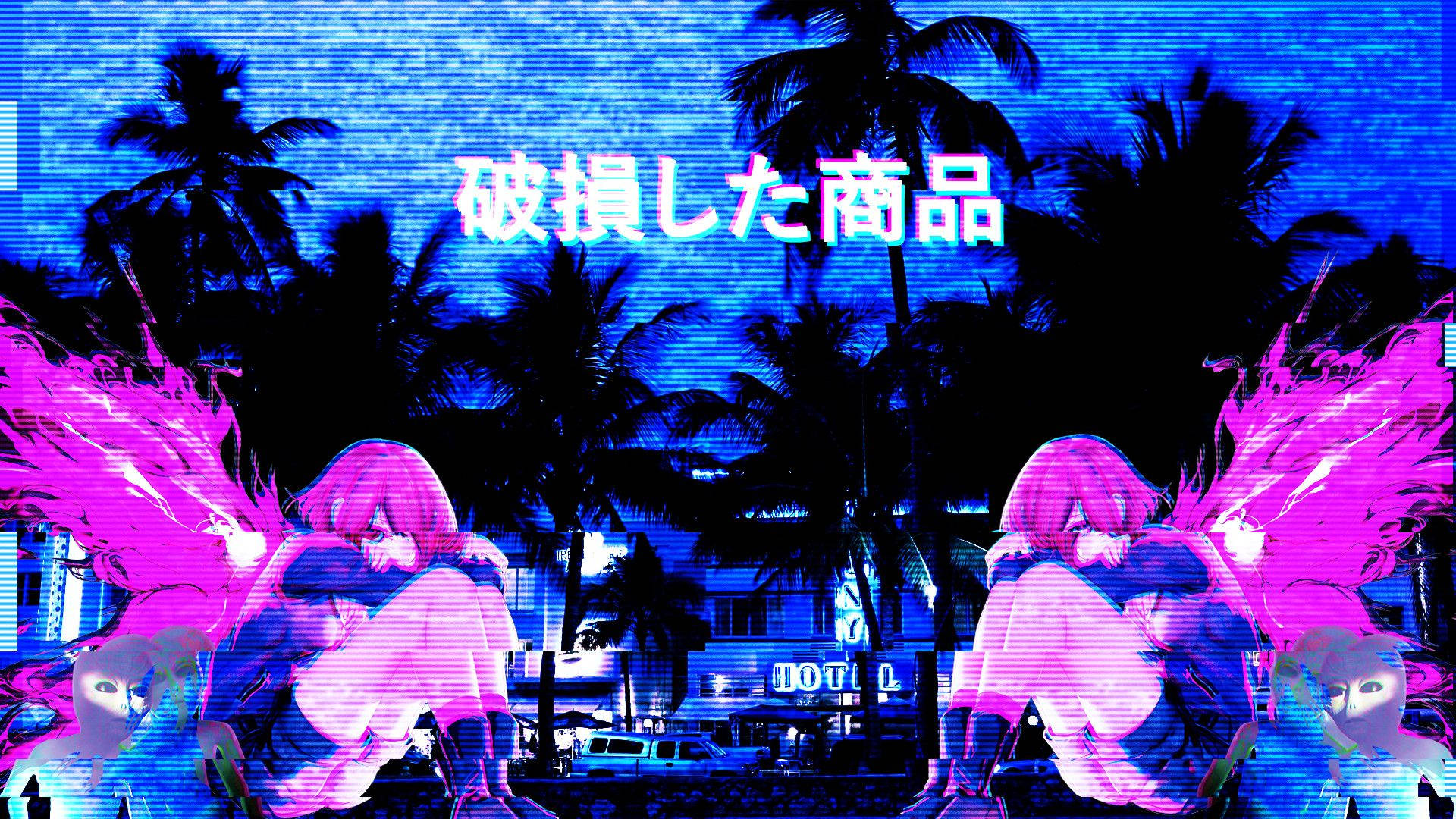 桌面美學 桌布 壁紙 — 兩個粉紅色頭髮的動漫女孩，帶著發光的翅膀，坐在一個有棕櫚樹和飯店招牌的故障熱帶夜景中。
