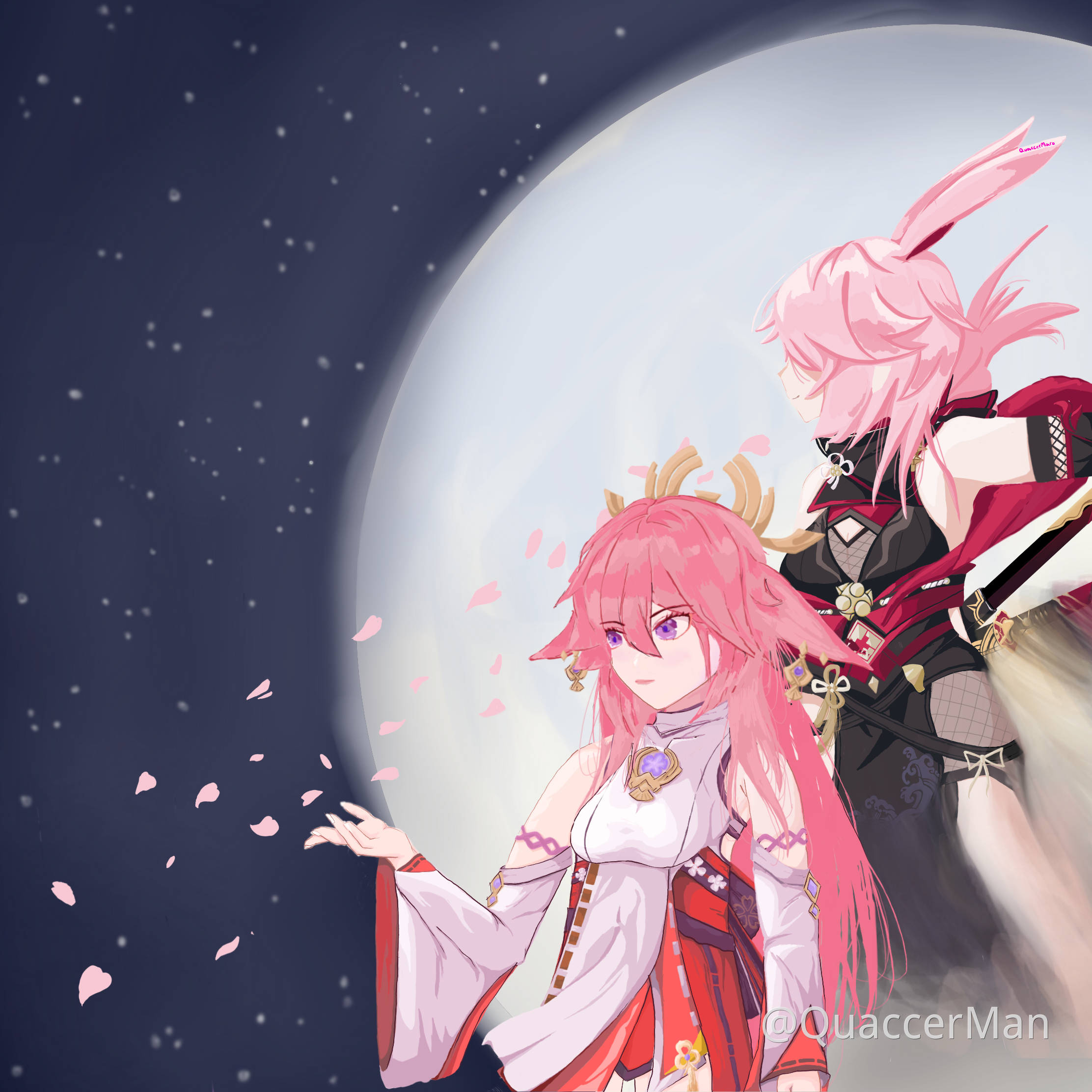 Miko 桌布 壁紙 — 兩個粉紅色頭髮的動漫女孩站在巨大的月亮前，櫻花在星空下飄落。