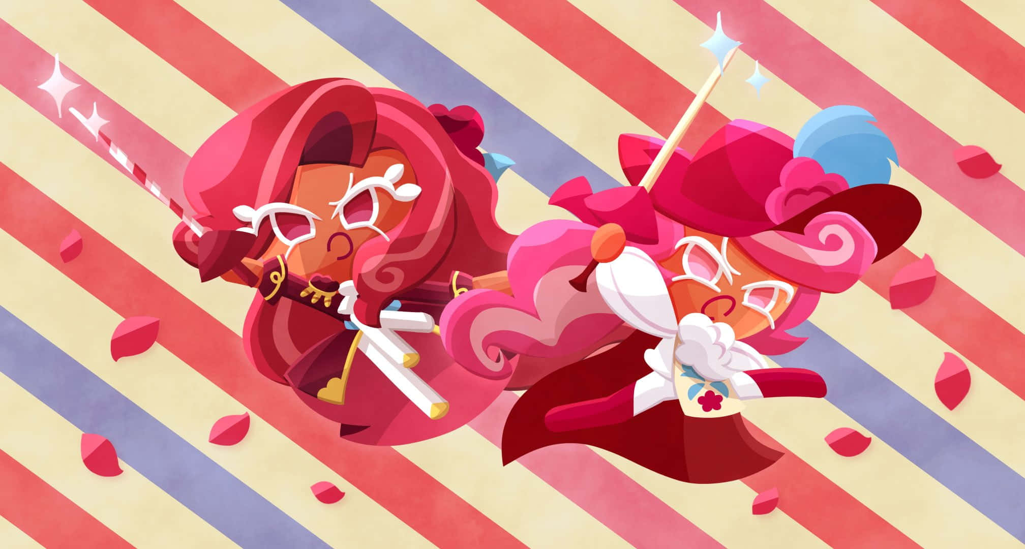 Cookie Run 桌布 壁紙 — 兩個粉紅色頭髮的奇幻餅乾角色，在條紋背景上擺出動態姿勢，周圍有飄浮的花瓣。