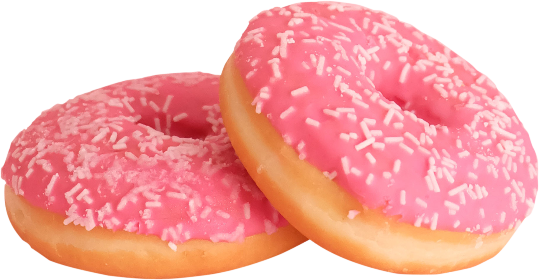 doughnut 桌布 壁紙 — 兩個粉色糖霜配白色糖粒的釉面甜甜圈，堆疊在潔白背景上。