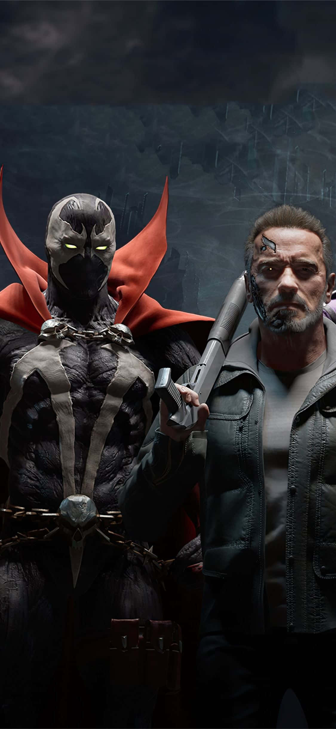 Mortal Kombat 11 Spawn 桌布 壁紙 — 兩個粗獷的動作人偶站在風暴的城市後巷，一個戴著面具、發光的眼睛和紅色斗篷，另一個是鬍鬚男拿著槍。