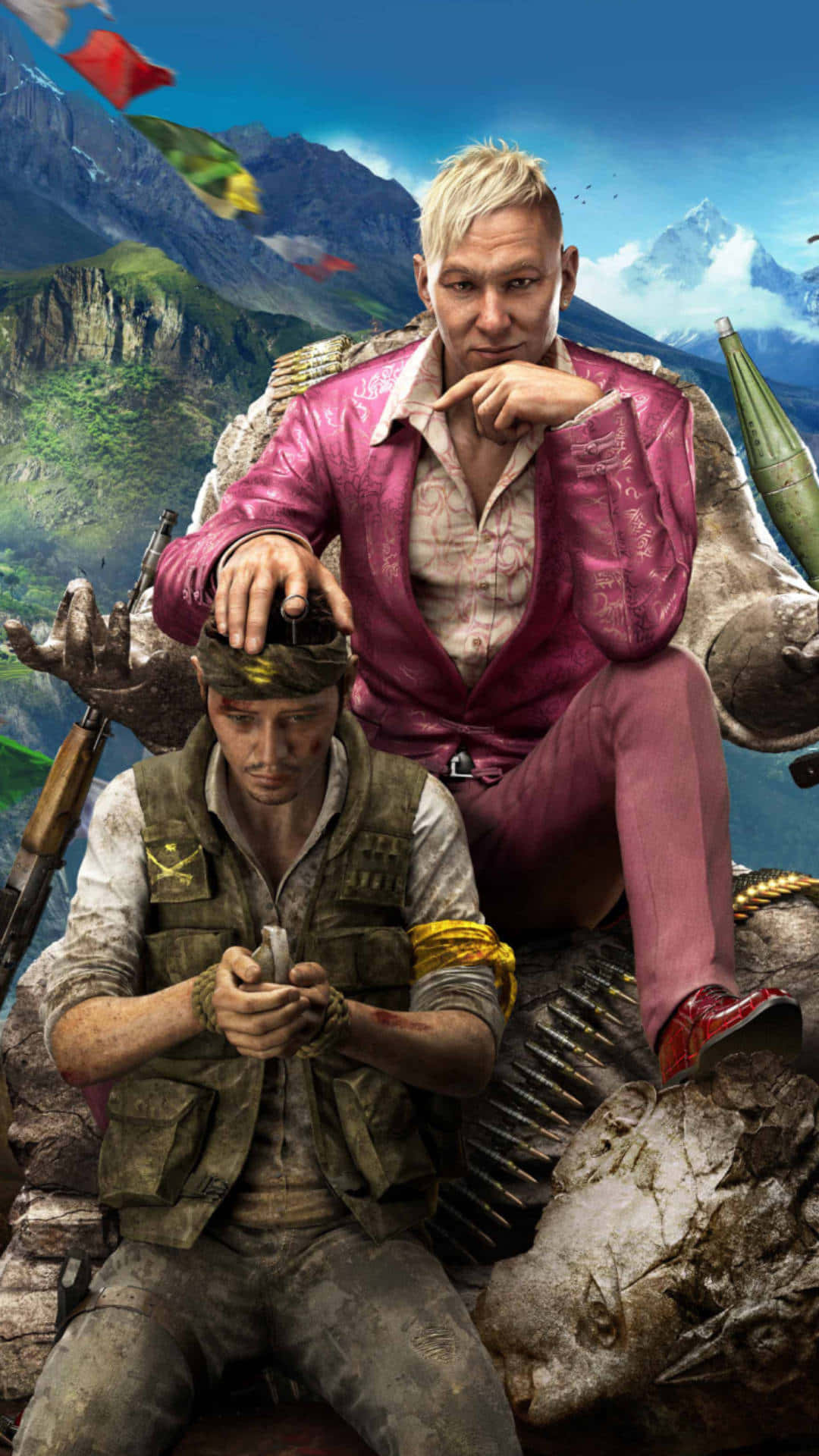 iPhone Xs Far Cry 4 桌布 壁紙 — 兩個粗獷的男人在山區景觀中，一個穿著粉紅色西裝，另一個穿著軍裝，周圍有武器和色彩繽紛的旗幟。