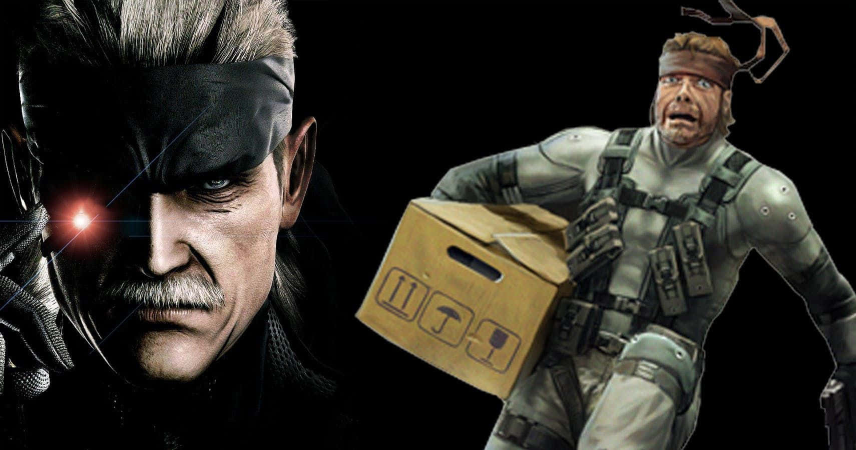 Metal Gear Solid Characters 桌布 壁紙 — 兩個粗獷的電子遊戲角色，一個有發光的紅眼和眼罩，另一個拿著紙箱，表情震驚。